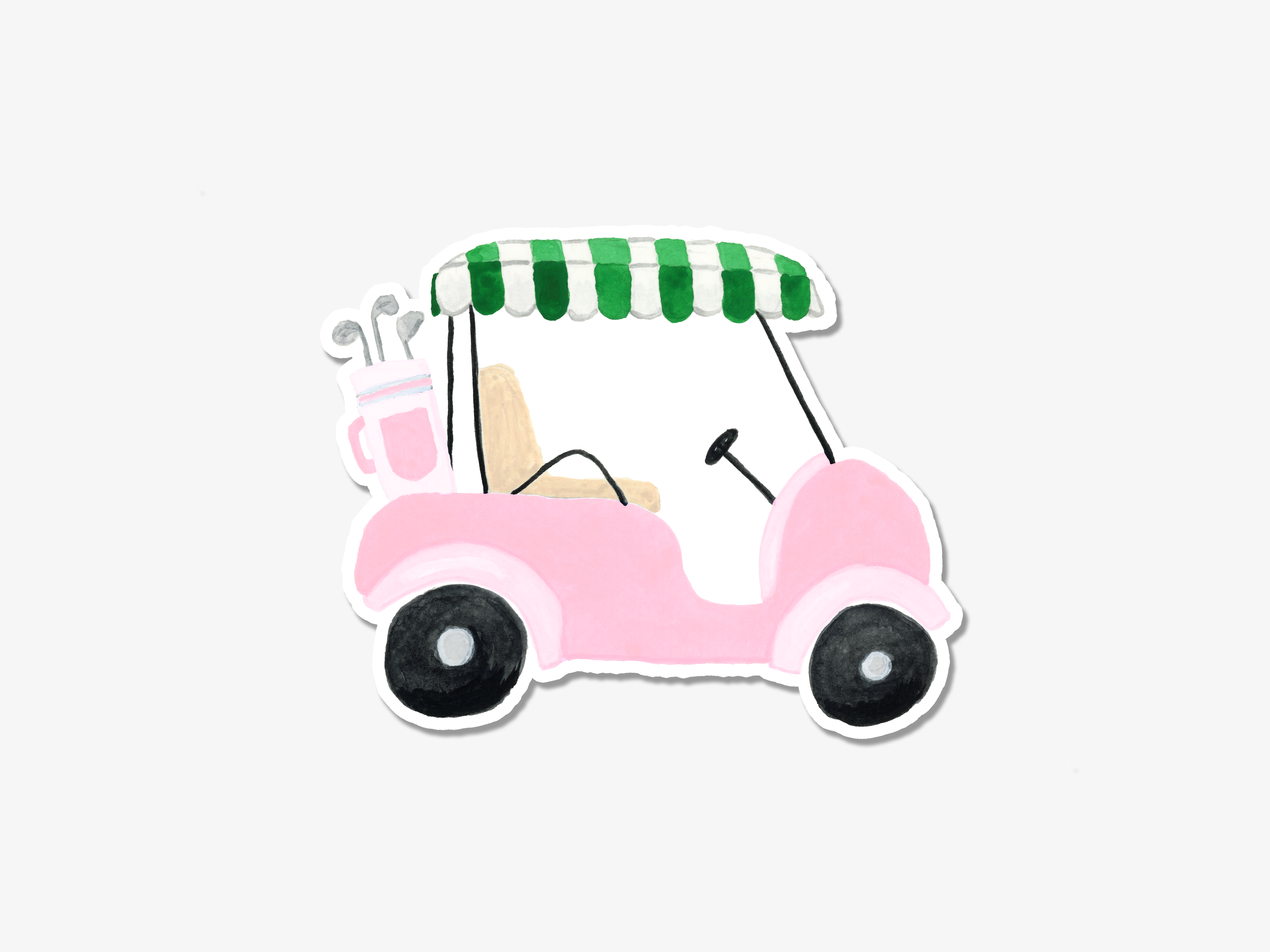 A pink golf cart with a green and white striped awning, depicted in a collage of multiple images.
