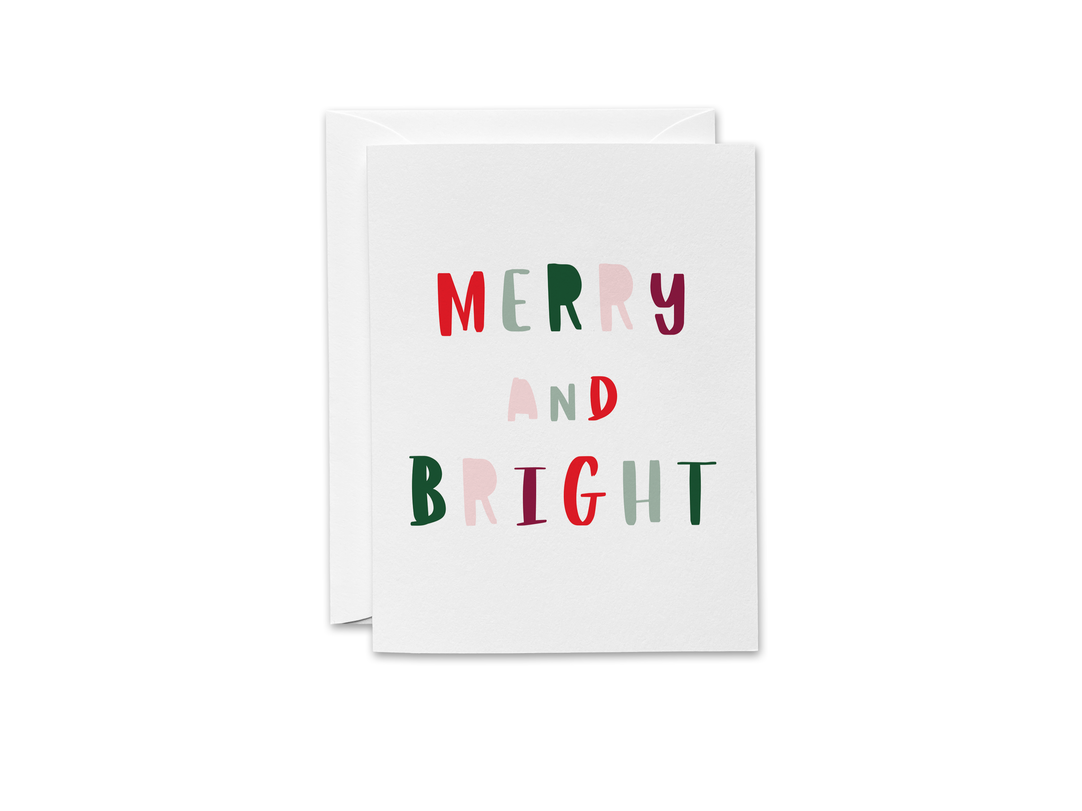 A white greeting card with the text "MERRY AND BRIGHT" printed on it.