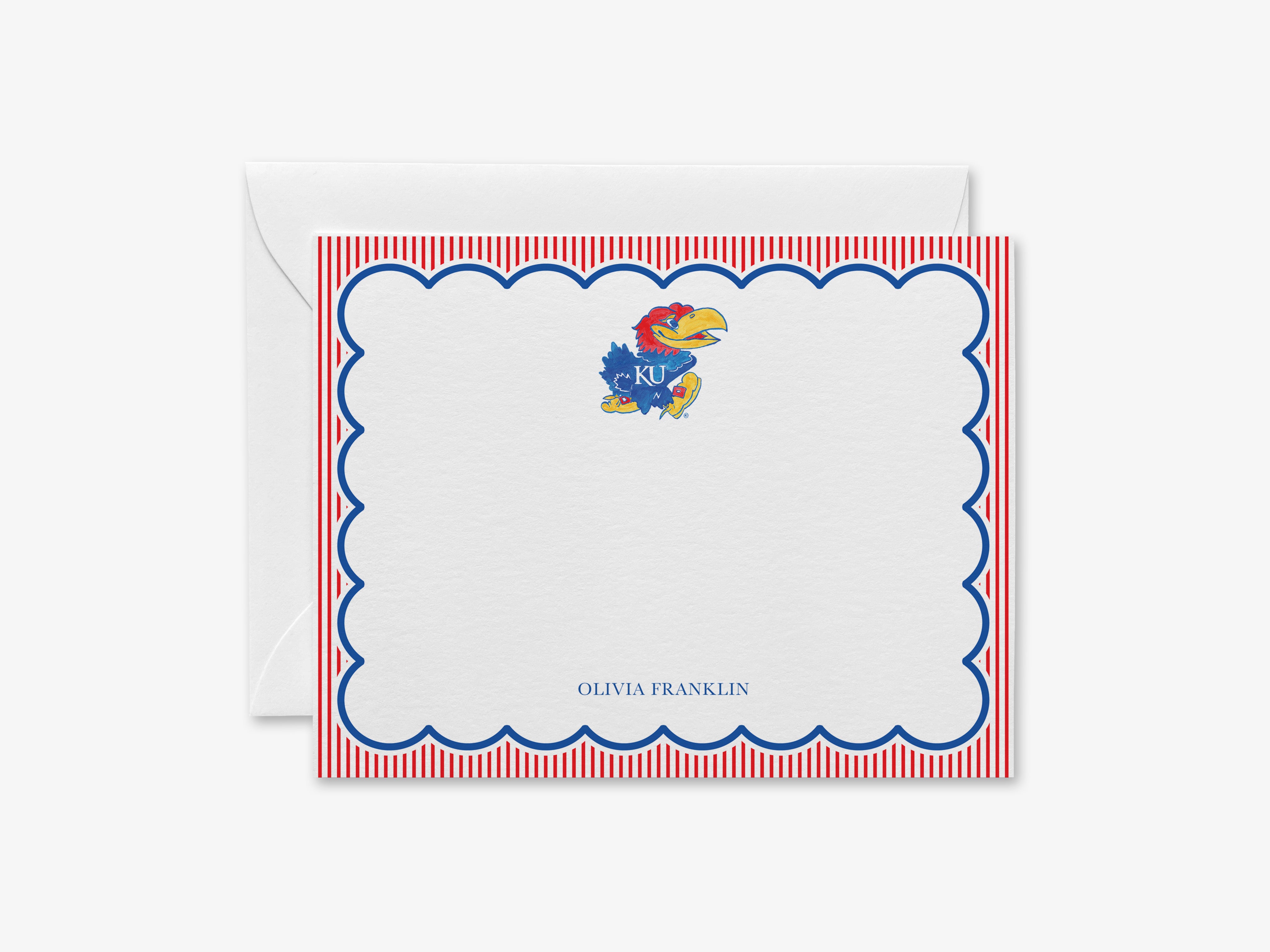 A personalized note card with a red, white, and blue border, featuring a Kansas City Royals bird mascot and the name "Olivia Franklin".