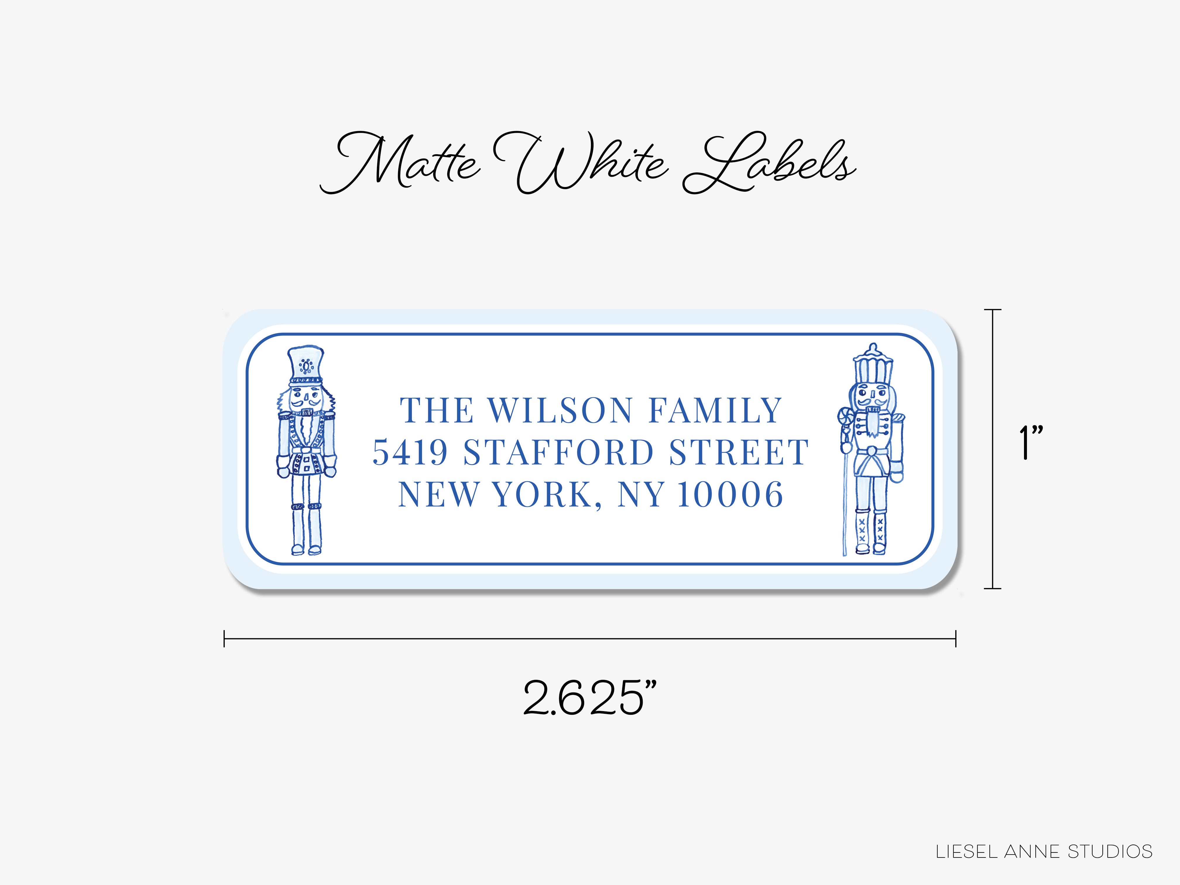 The image is a label for a package, with the address "5419 Stafford Street, New York, NY 10006" and two nutcracker figures on either side. The label is described as "Matt White Labels" and is 2.25 inches wide.