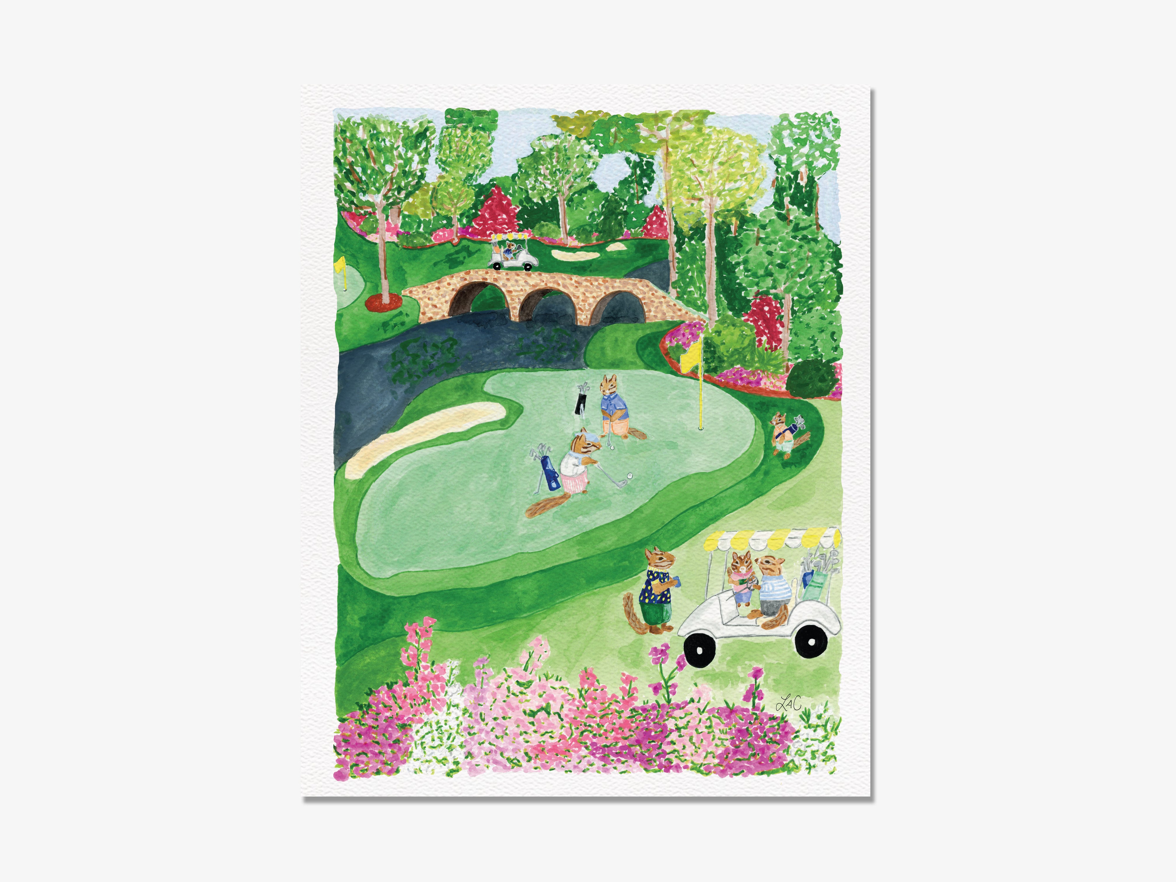 A whimsical illustration depicting a golf course with various elements such as a bridge, trees, flowers, and animals, including a golf cart and a group of people.