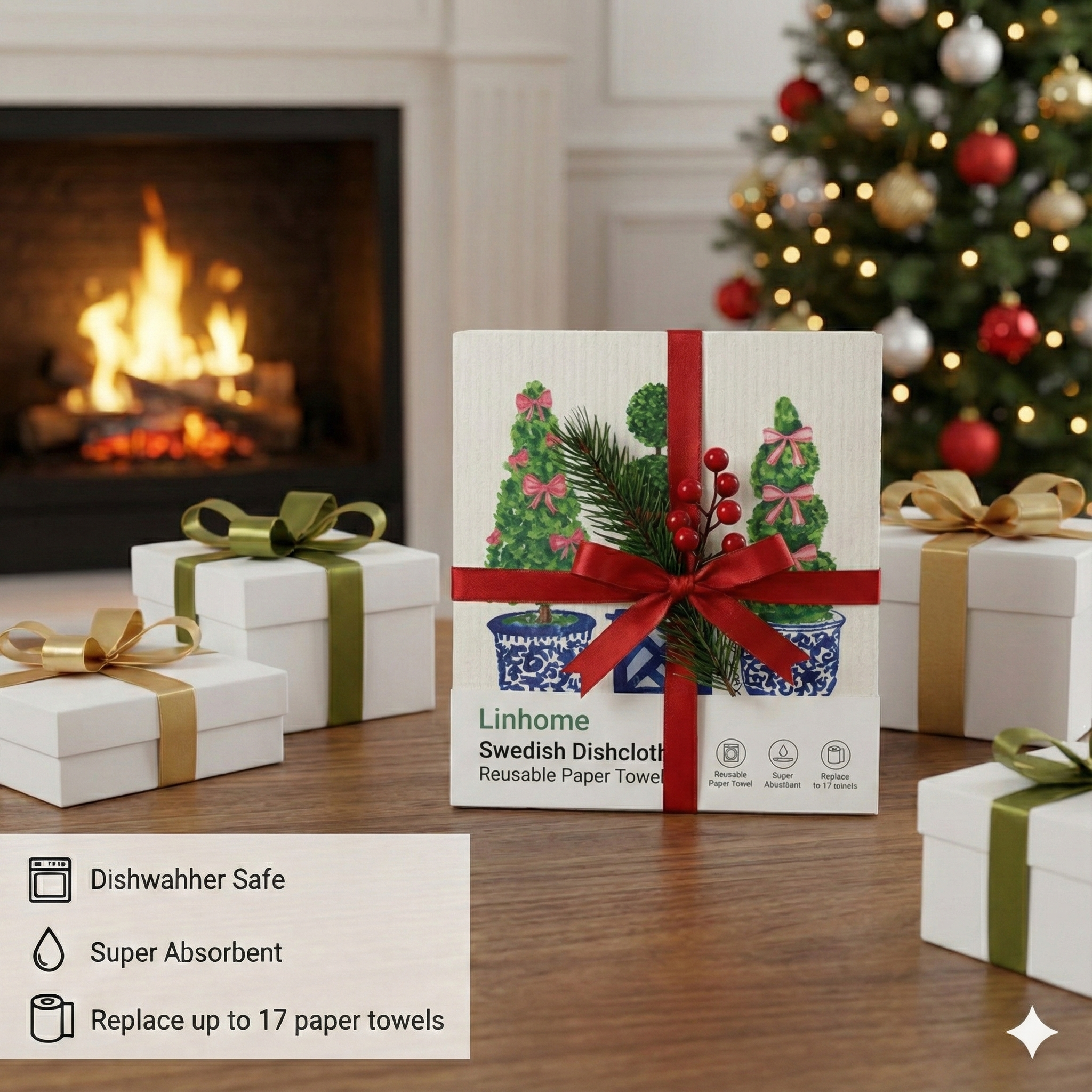 Evergreen Holiday Collection Festive Topiaries Trio- Linhome x Liesel Anne Swedish Dishcloths - 1 Pack