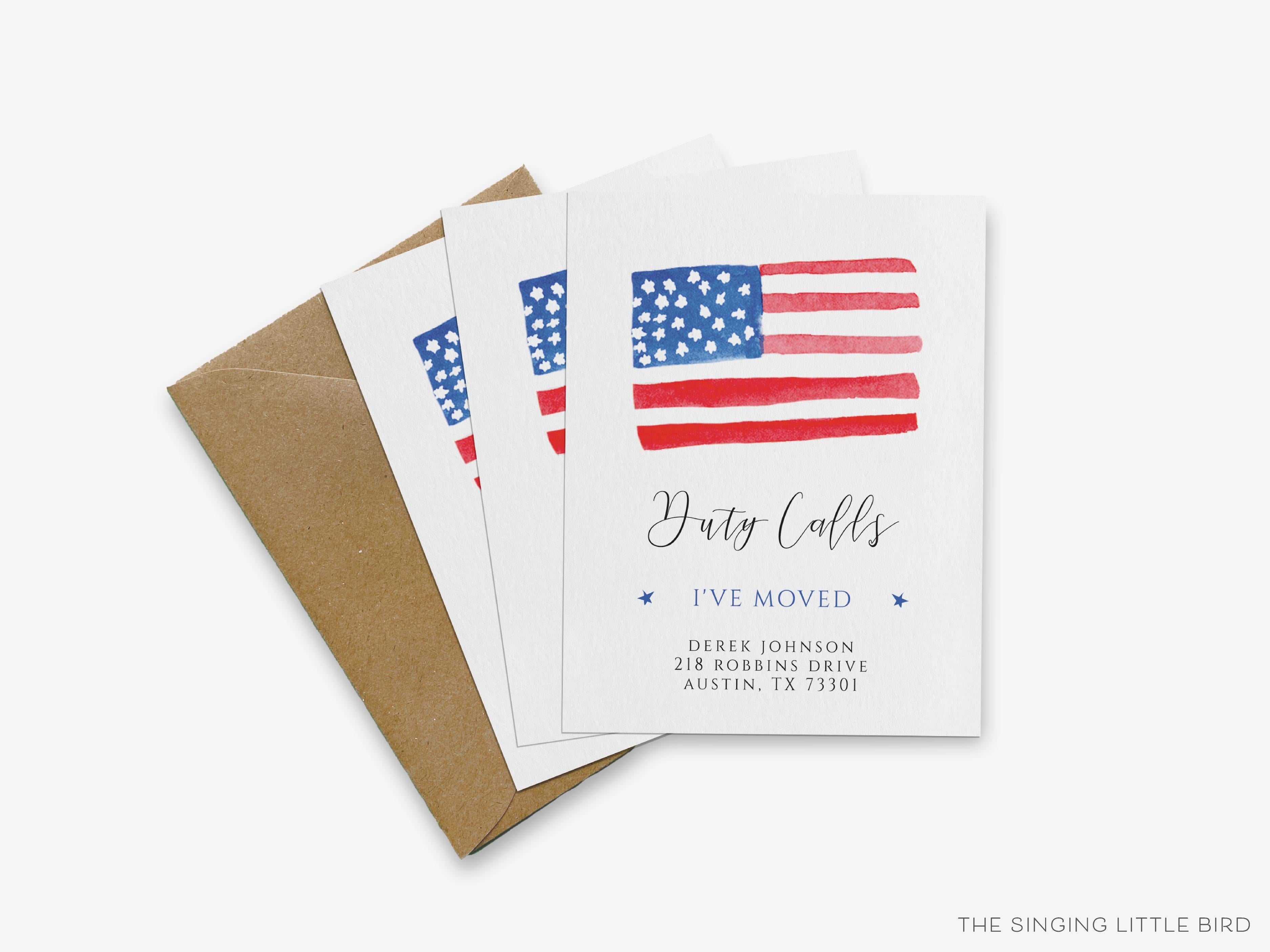 American Flag Moving Announcement-These personalized flat change of address cards are 4.25x5.5 and feature our hand-painted watercolor American Flag, printed in the USA on 120lb textured stock. They come with your choice of envelopes and make great moving announcements for the USA lover.-The Singing Little Bird