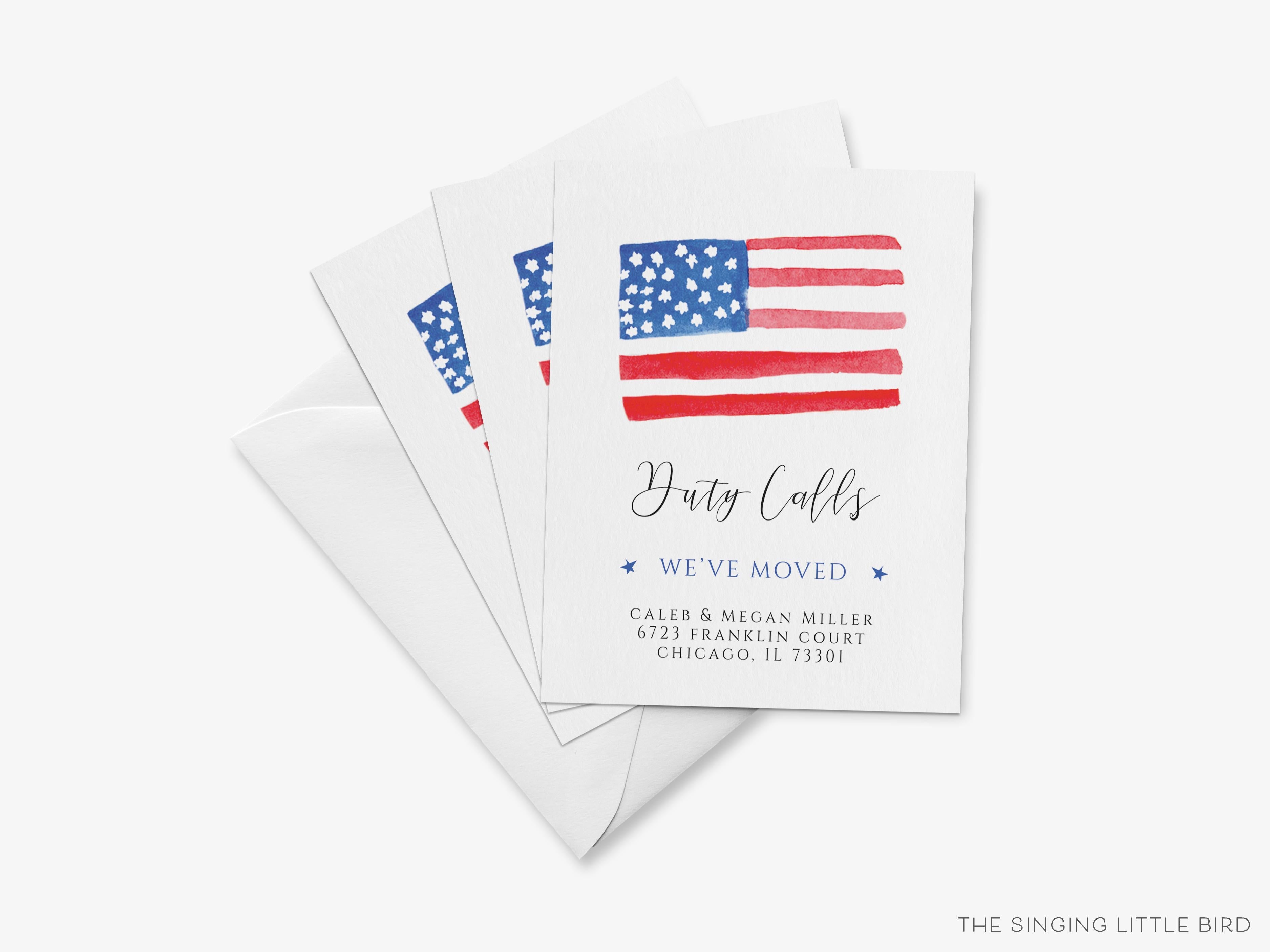 American Flag Moving Announcement-These personalized flat change of address cards are 4.25x5.5 and feature our hand-painted watercolor American Flag, printed in the USA on 120lb textured stock. They come with your choice of envelopes and make great moving announcements for the USA lover.-The Singing Little Bird