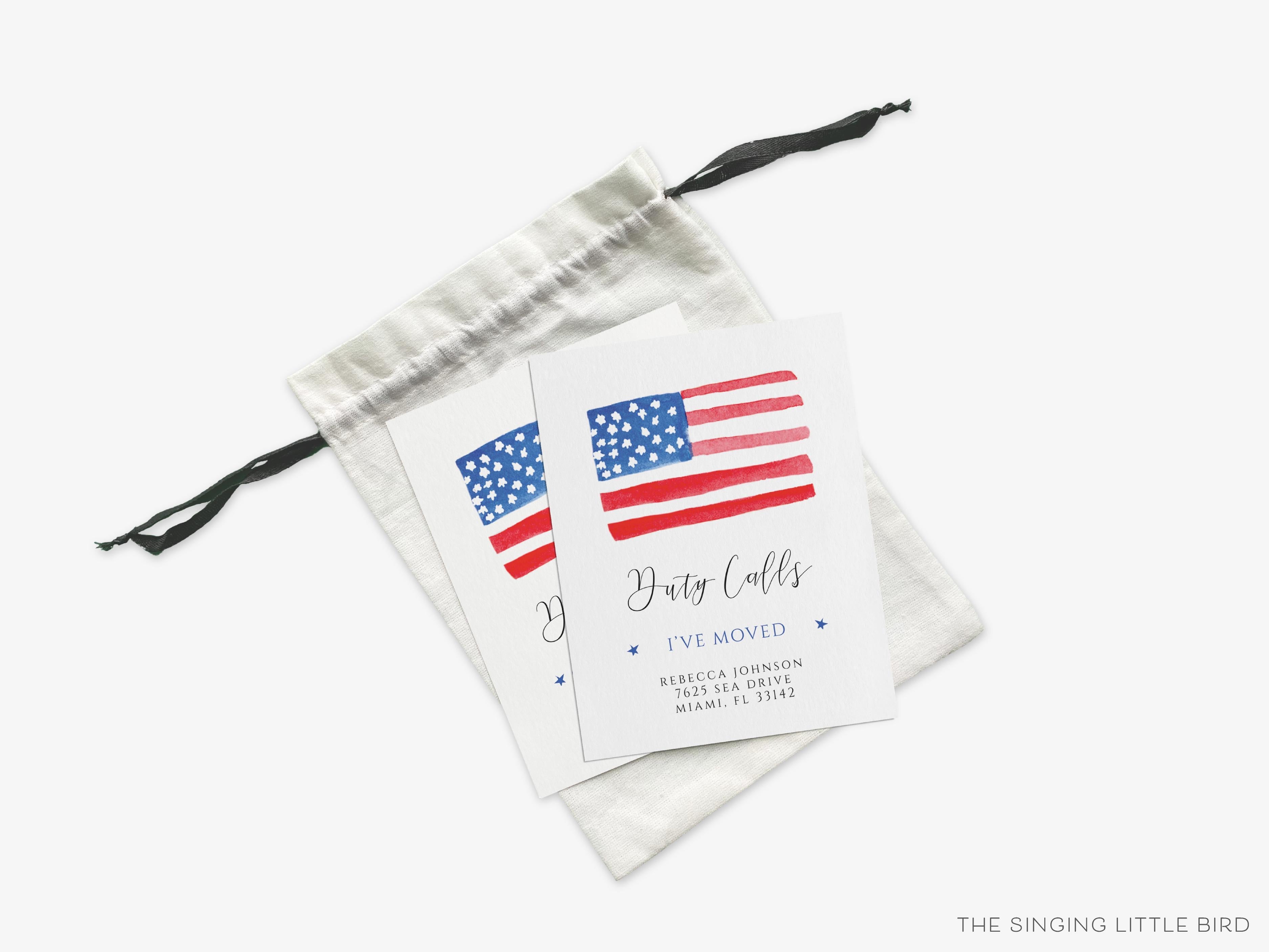 American Flag Moving Announcement-These personalized flat change of address cards are 4.25x5.5 and feature our hand-painted watercolor American Flag, printed in the USA on 120lb textured stock. They come with your choice of envelopes and make great moving announcements for the USA lover.-The Singing Little Bird