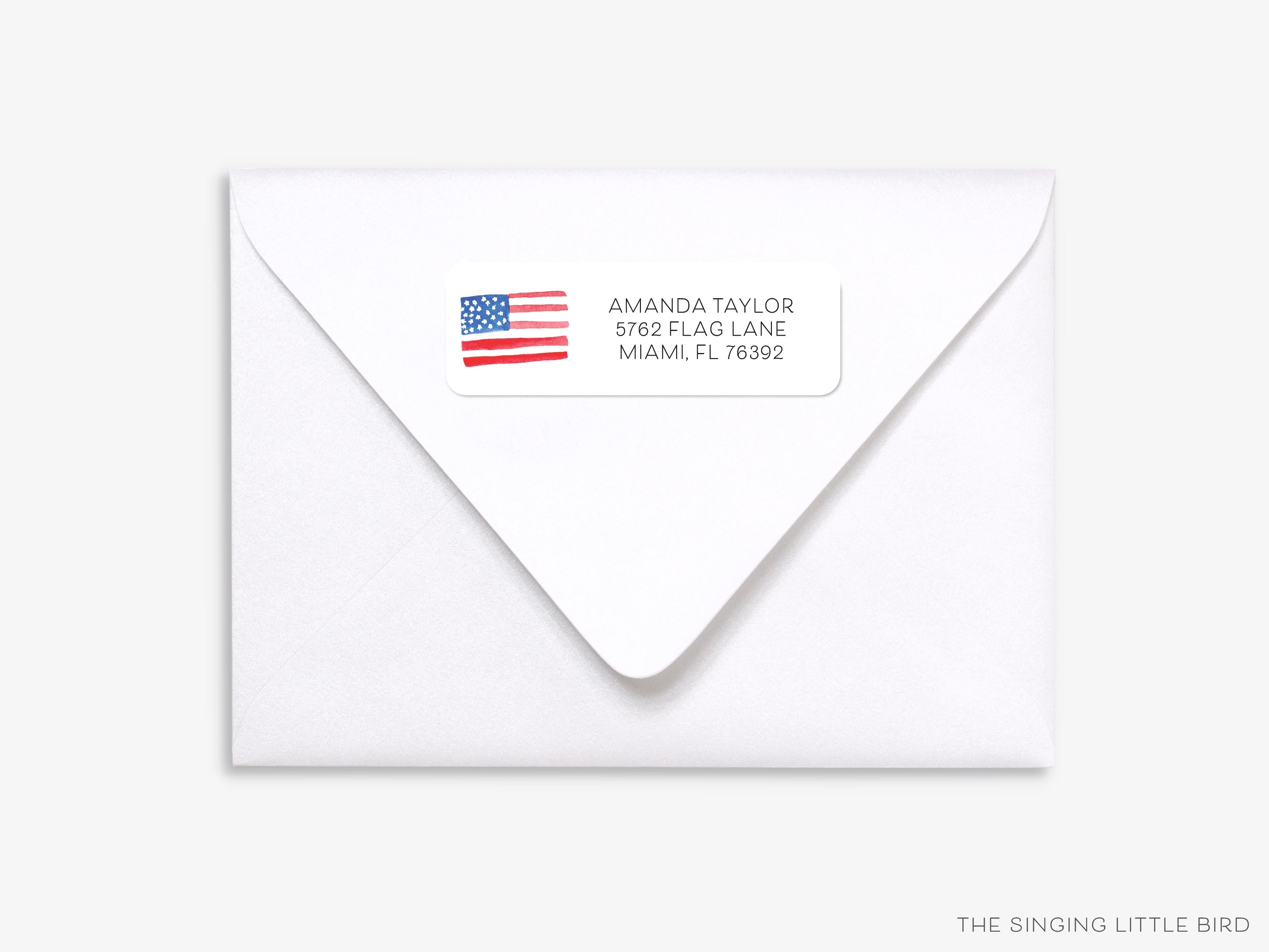 American Flag Return Address Labels- These personalized return address labels are 2.625" x 1" and feature our hand-painted watercolor American flag, printed in the USA on beautiful matte finish labels. These make great gifts for yourself or the patriotic lover. -The Singing Little Bird