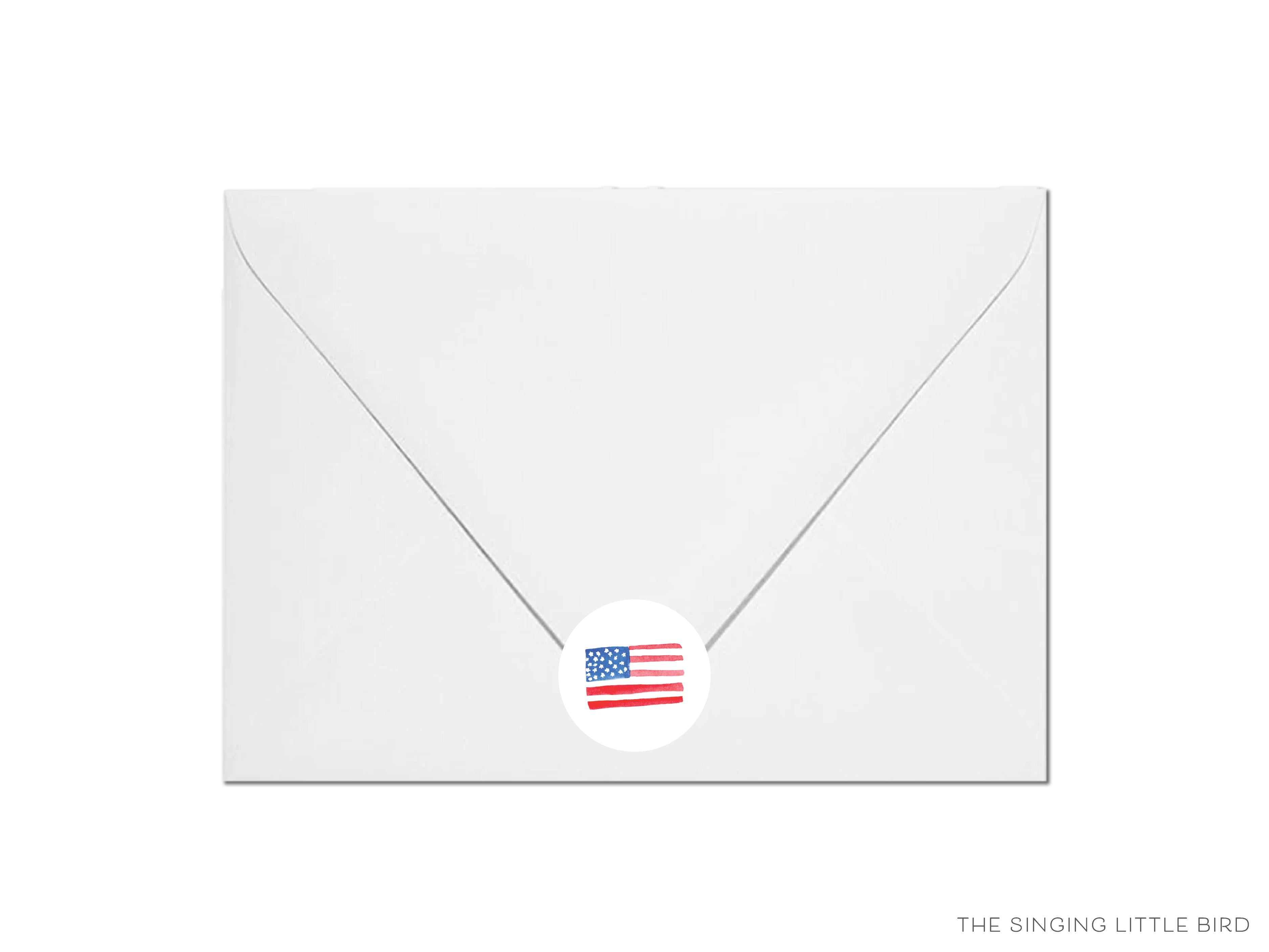 American Flag Round Stickers-These matte round stickers feature our hand-painted watercolor American Flag, making great envelope seals or gifts for the Service Member in your life.-The Singing Little Bird