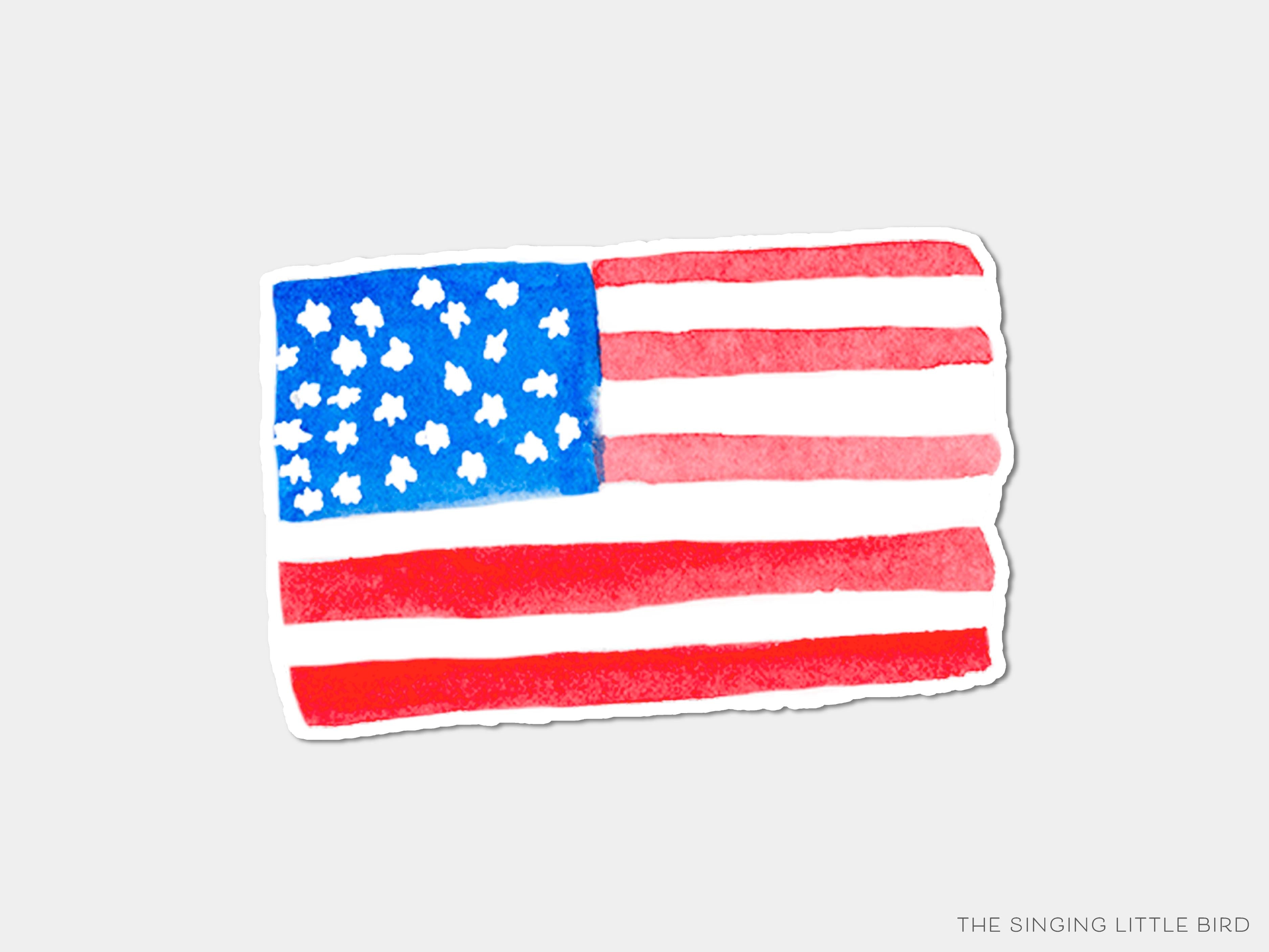 American Flag Vinyl Sticker-These weatherproof die cut stickers feature our hand-painted watercolor American Flag, making great laptop or water bottle stickers or gifts for the red, white, and blue lover in your life.-The Singing Little Bird