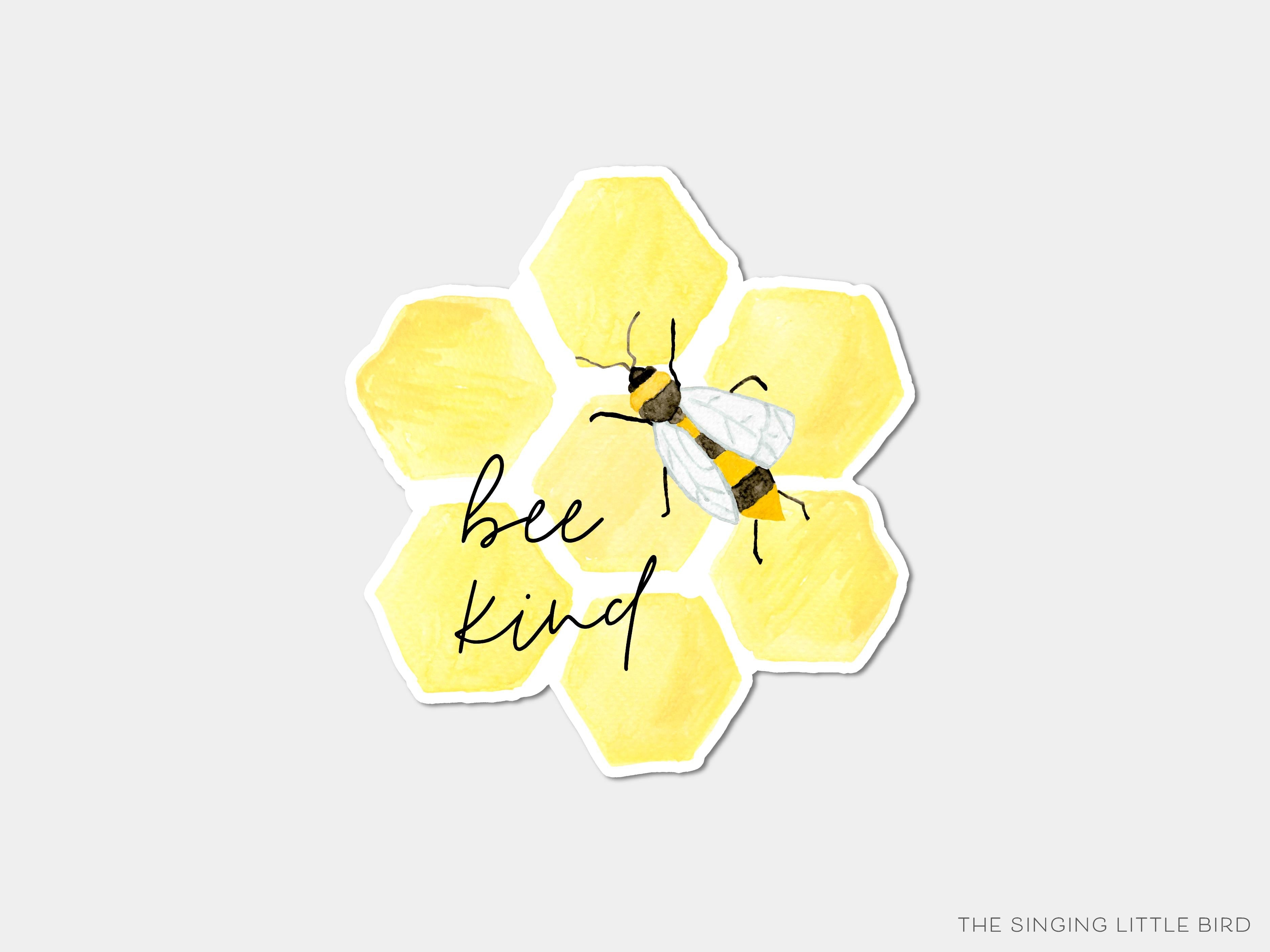Bee Kind Honeycomb Vinyl Sticker-These weatherproof die cut stickers feature our hand-painted watercolor honeycomb bee, making great laptop or water bottle stickers or gifts for the bee pun lover in your life.-The Singing Little Bird