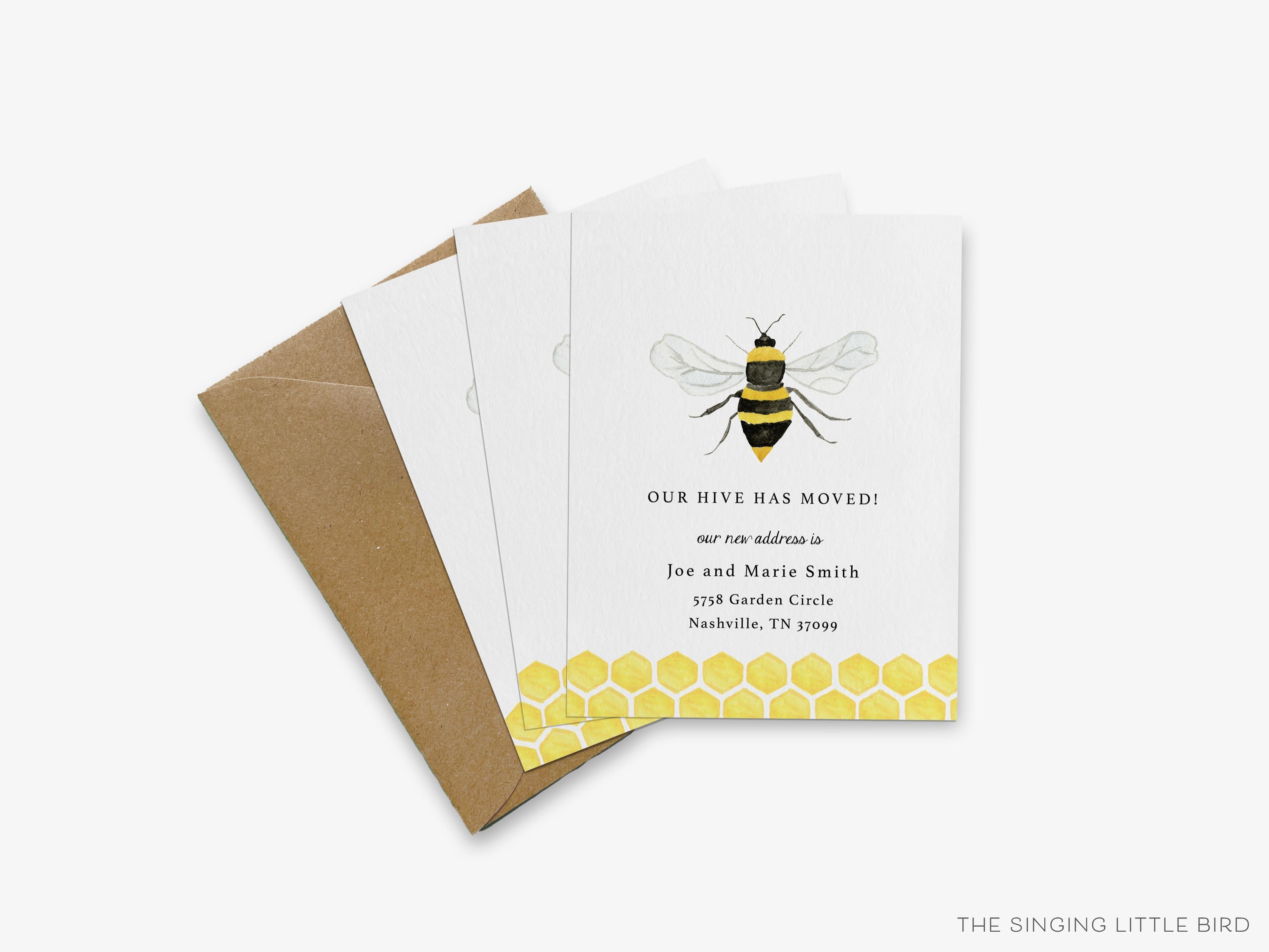 Bee Moving Announcement-These personalized flat change of address cards are 4.25x5.5 and feature our hand-painted watercolor Bee, printed in the USA on 120lb textured stock. They come with your choice of envelopes and make great moving announcements for the bee lover.-The Singing Little Bird