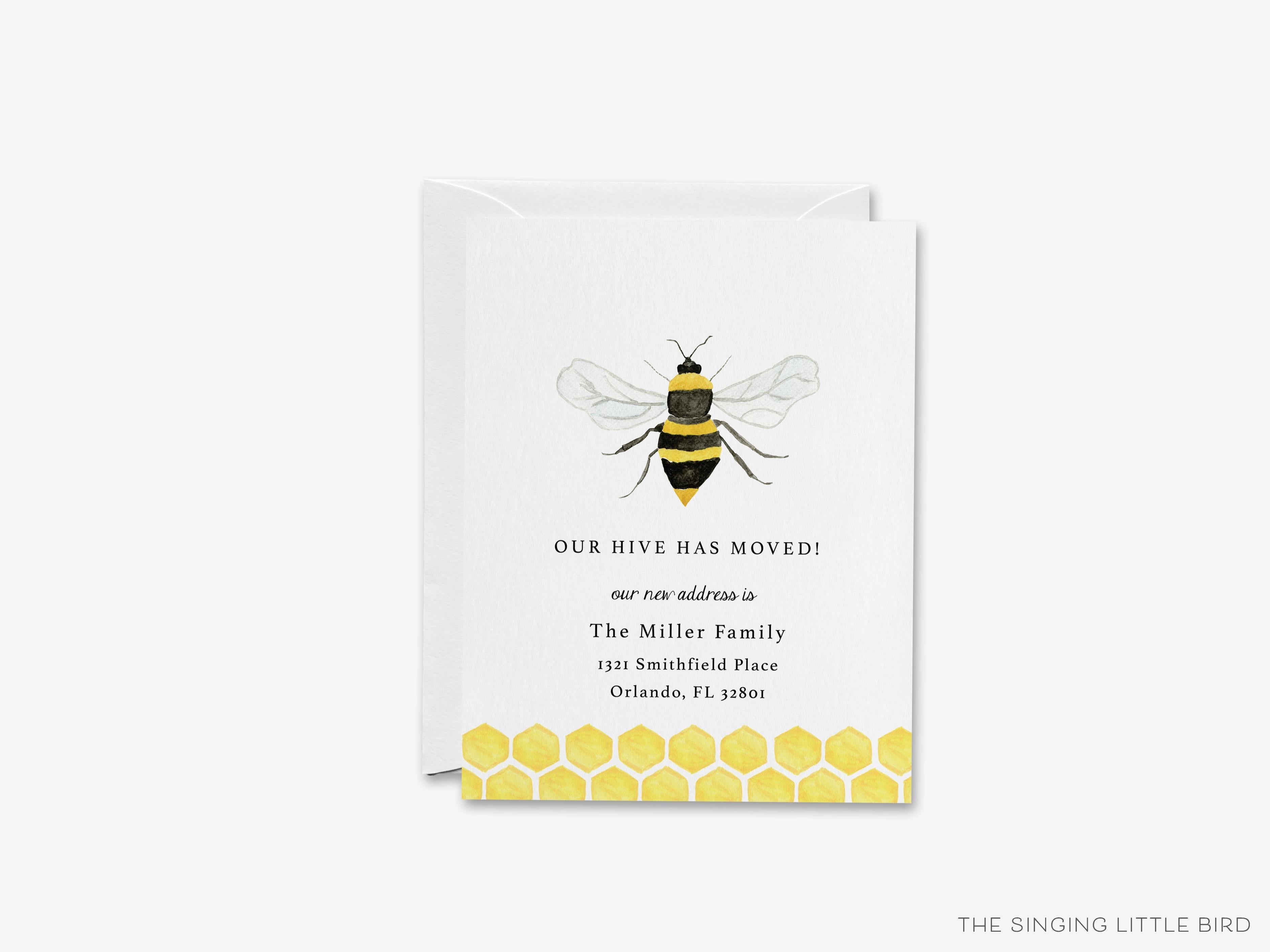 Bee Moving Announcement-These personalized flat change of address cards are 4.25x5.5 and feature our hand-painted watercolor Bee, printed in the USA on 120lb textured stock. They come with your choice of envelopes and make great moving announcements for the bee lover.-The Singing Little Bird