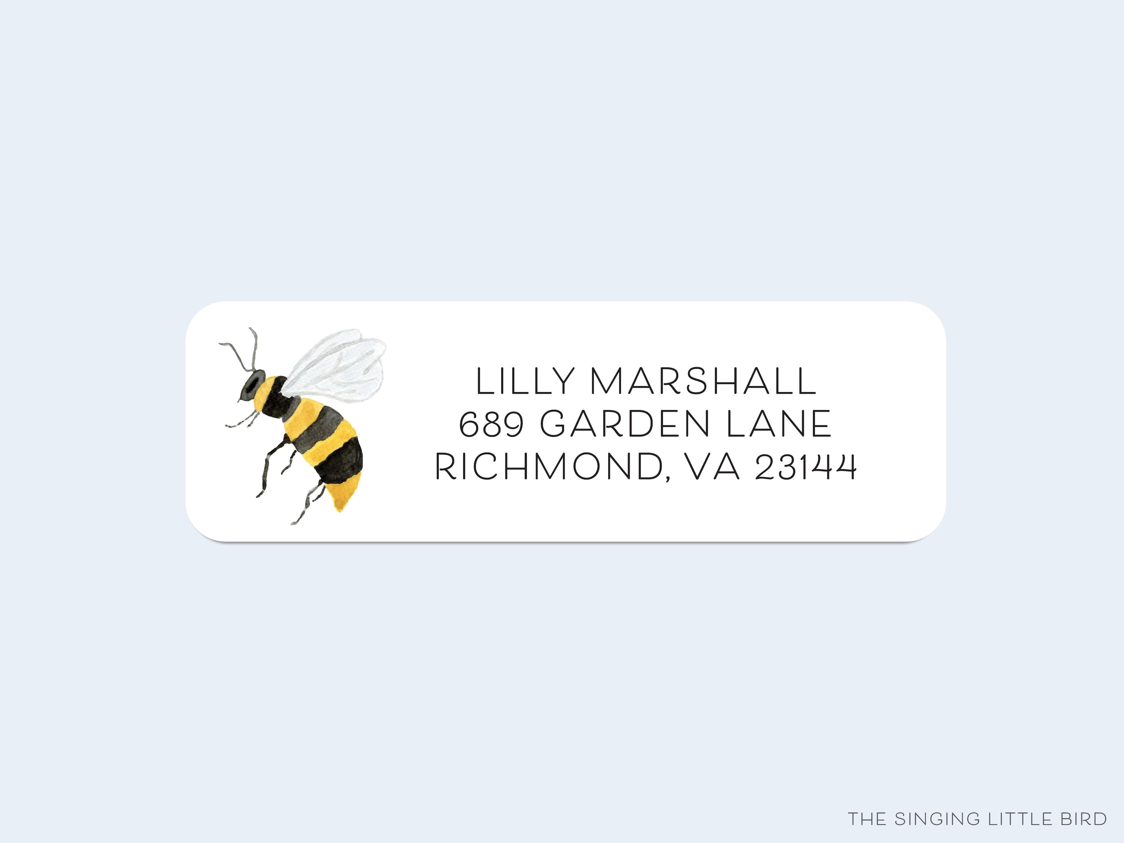 Bee Return Address Labels-These personalized return address labels are 2.625" x 1" and feature our hand-painted watercolor bee, printed in the USA on beautiful matte finish labels. These make gifts for yourself or the bee lover. -The Singing Little Bird