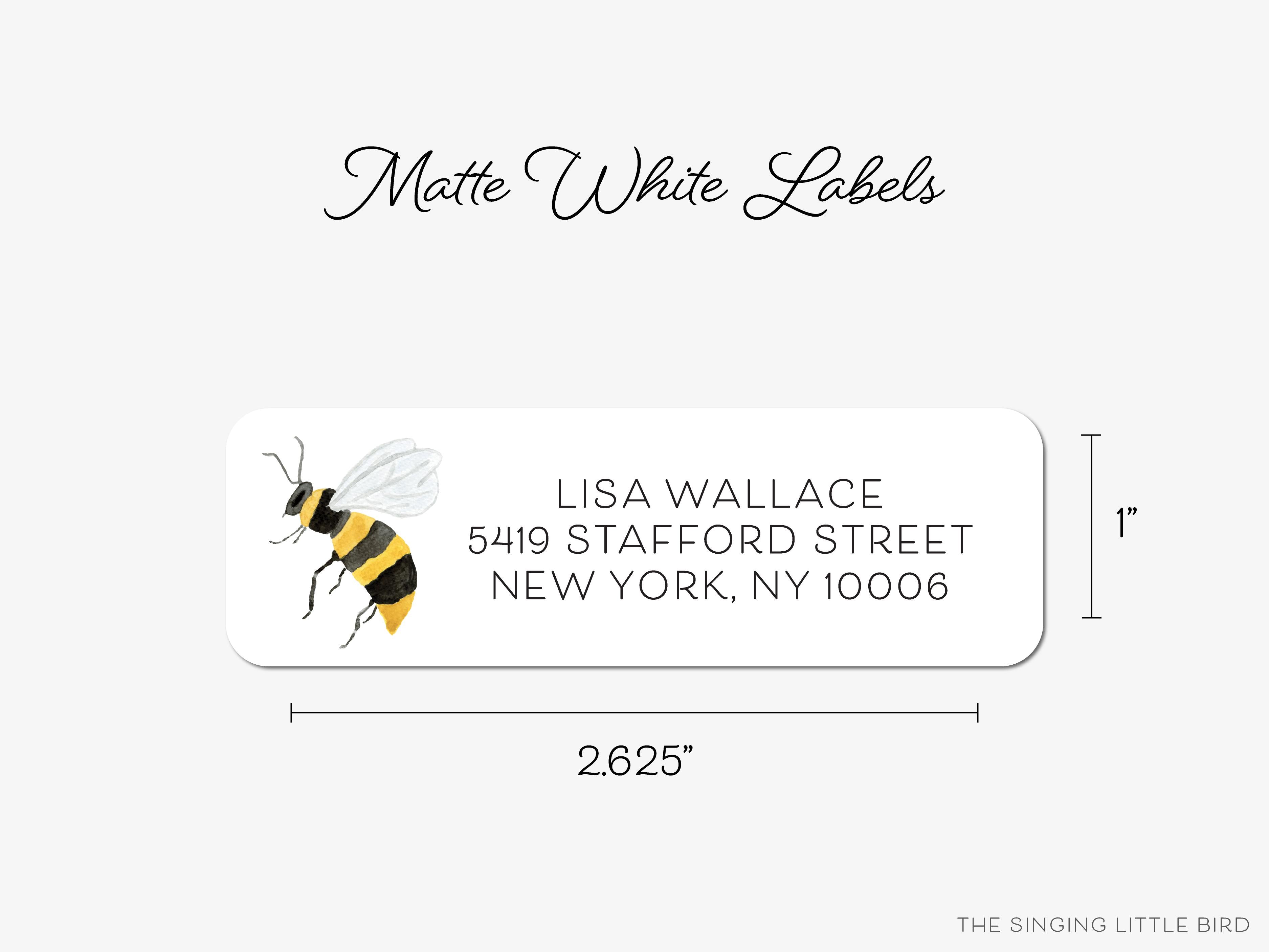 Bee Return Address Labels-These personalized return address labels are 2.625" x 1" and feature our hand-painted watercolor bee, printed in the USA on beautiful matte finish labels. These make gifts for yourself or the bee lover. -The Singing Little Bird