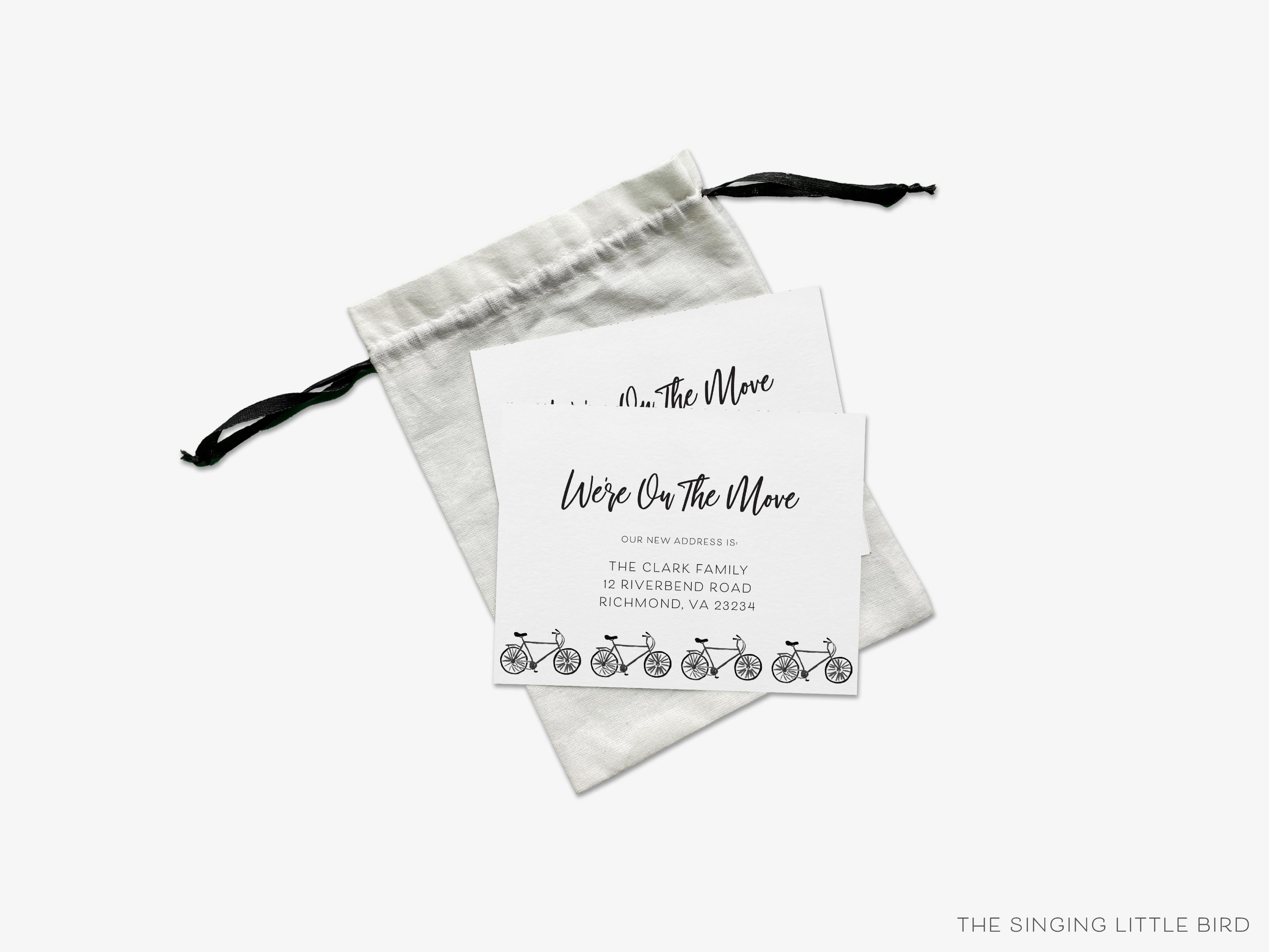 Bicycle Moving Announcement-These personalized flat change of address cards are 4.25x5.5 and feature our hand-painted watercolor Bicycle, printed in the USA on 120lb textured stock. They come with your choice of envelopes and make great moving announcements for the bike lover.-The Singing Little Bird