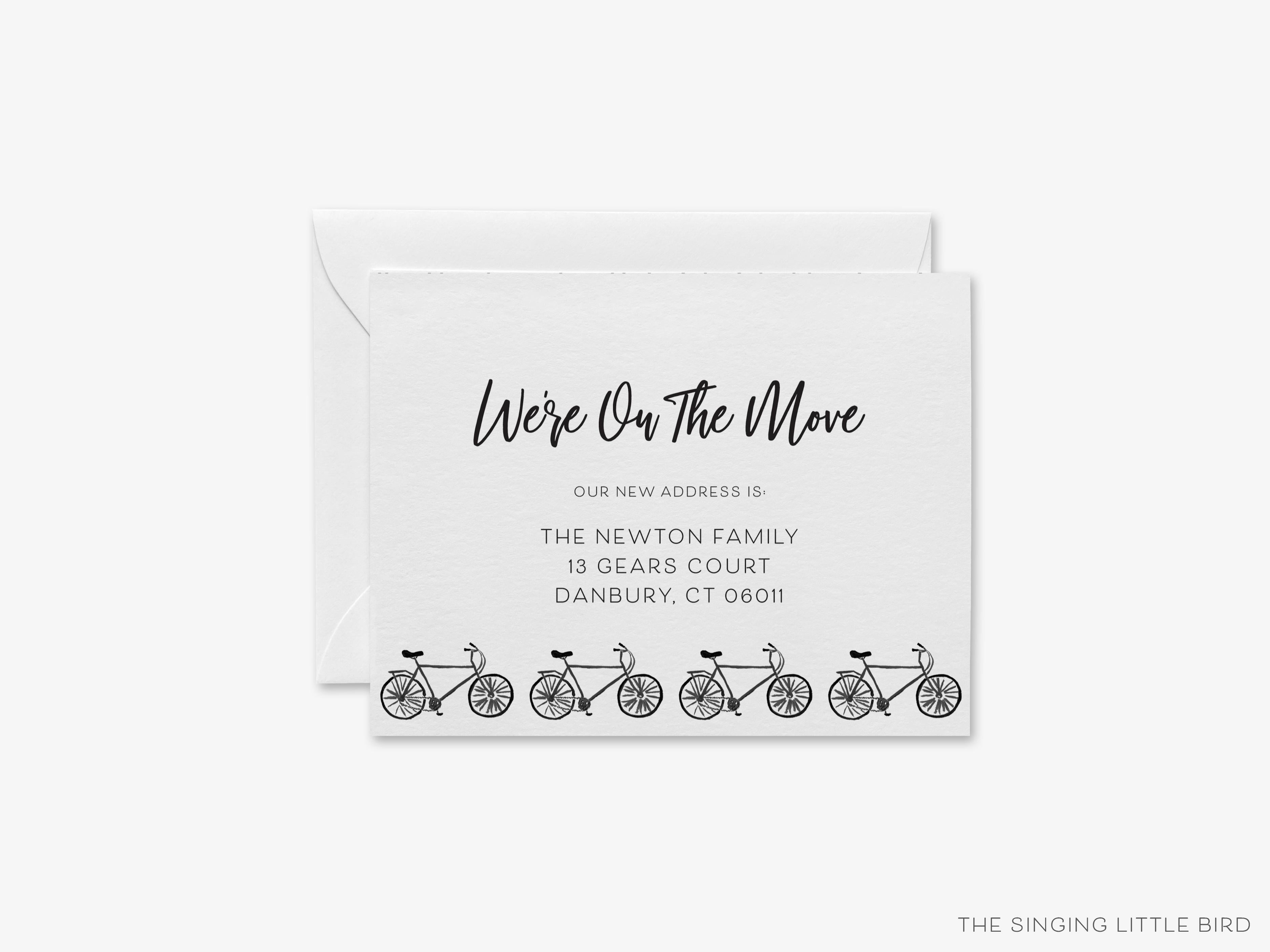 Bicycle Moving Announcement-These personalized flat change of address cards are 4.25x5.5 and feature our hand-painted watercolor Bicycle, printed in the USA on 120lb textured stock. They come with your choice of envelopes and make great moving announcements for the bike lover.-The Singing Little Bird