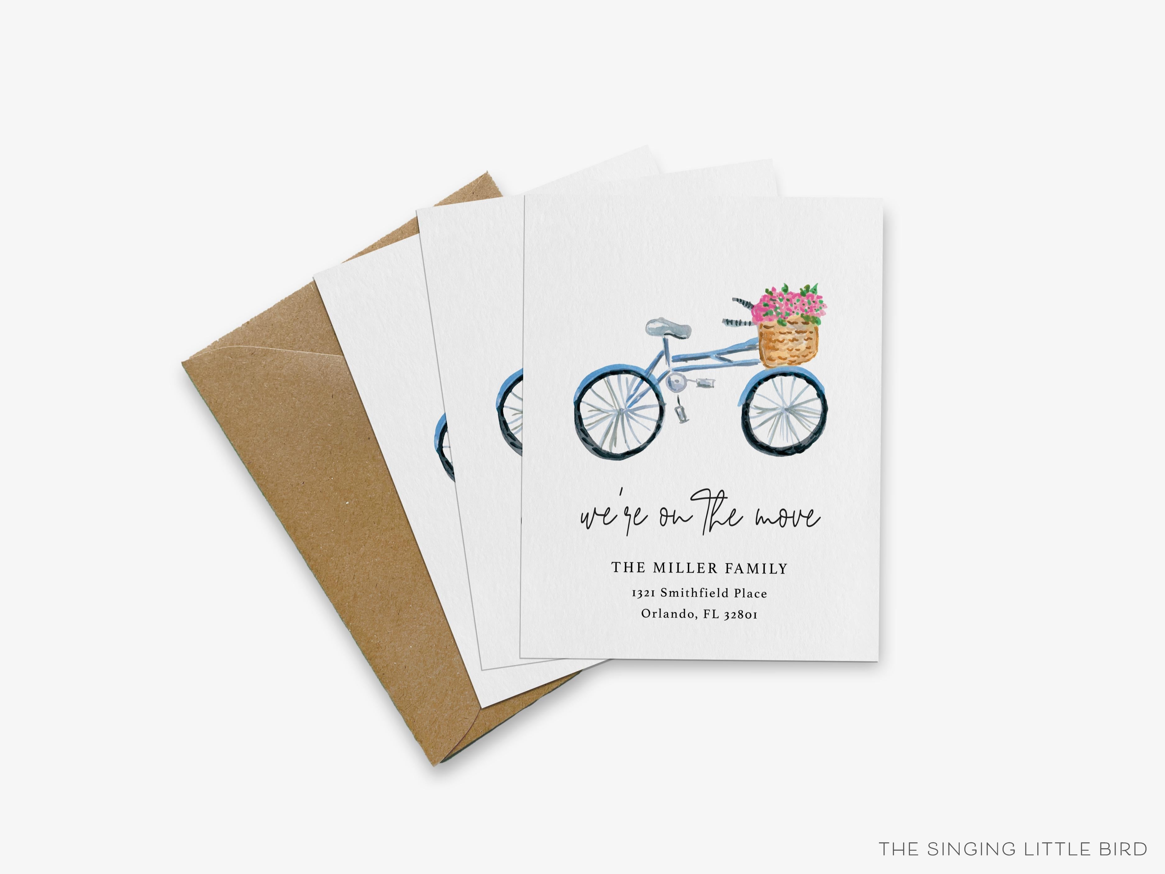 Bicycle with Flowers Moving Announcement-These personalized flat change of address cards are 4.25x5.5 and feature our hand-painted watercolor bicycle with a basket of flowers, printed in the USA on 120lb textured stock. They come with your choice of envelopes and make great moving announcements for the bike lover.-The Singing Little Bird