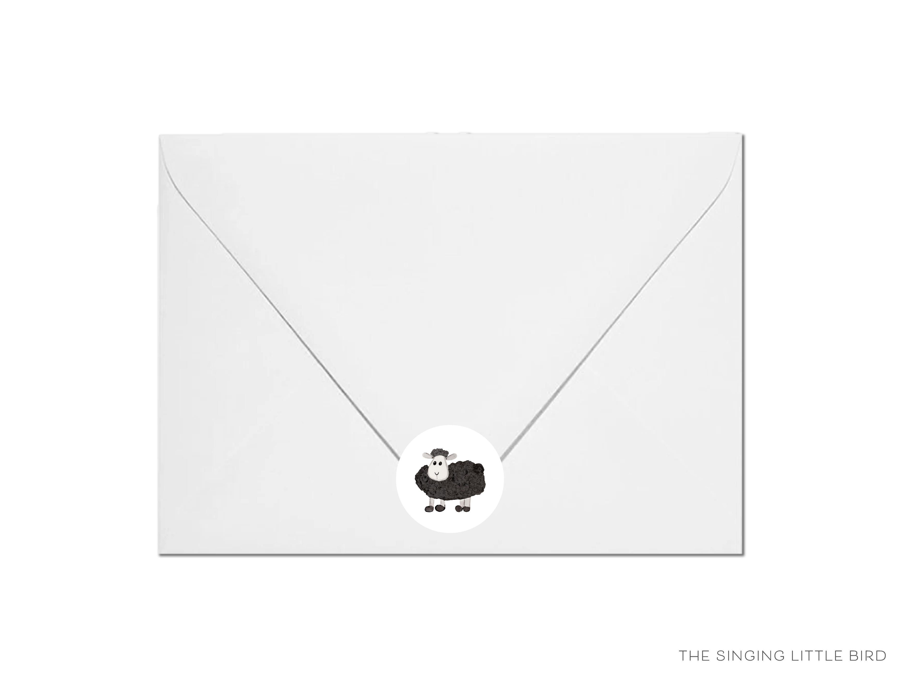 Black Sheep Round Stickers-These matte round stickers feature our hand-painted watercolor Black Sheep, making great envelope seals or gifts for the animal lover in your life.-The Singing Little Bird