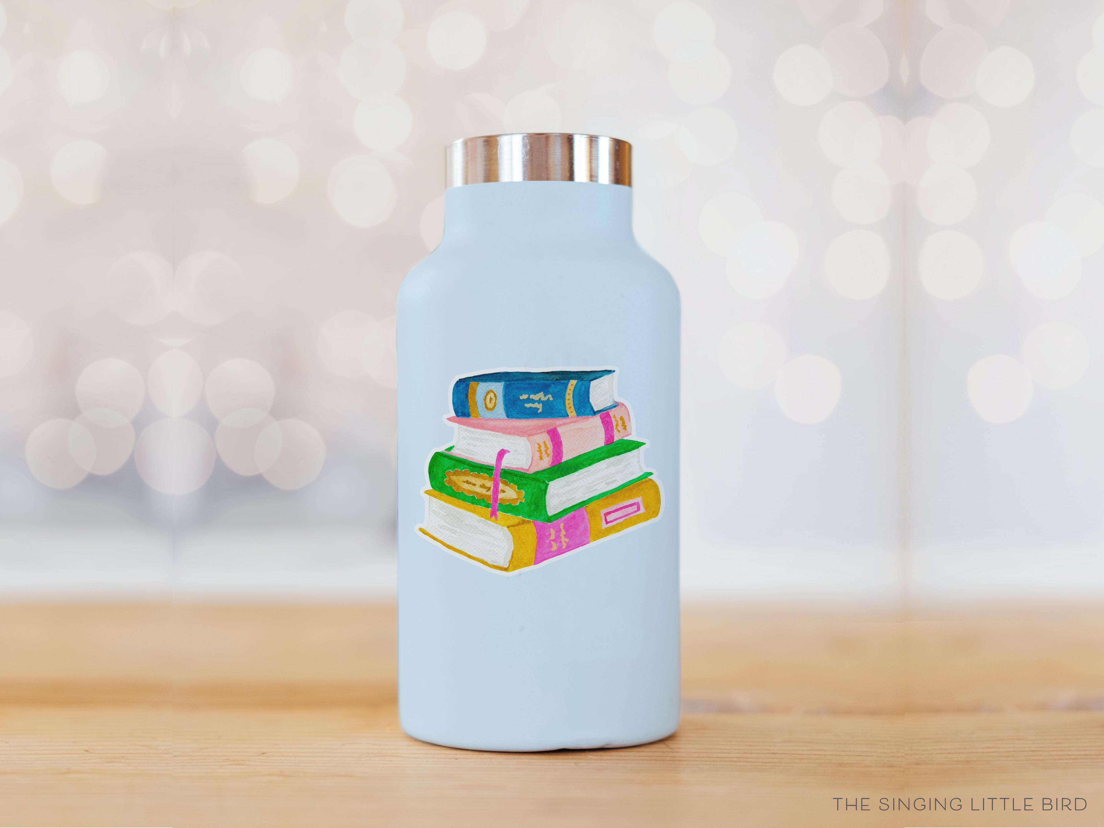 Book Stack Vinyl Sticker-These weatherproof die cut stickers feature our hand-painted watercolor book stack, making great laptop or water bottle stickers or gifts for the book lover in your life.-The Singing Little Bird