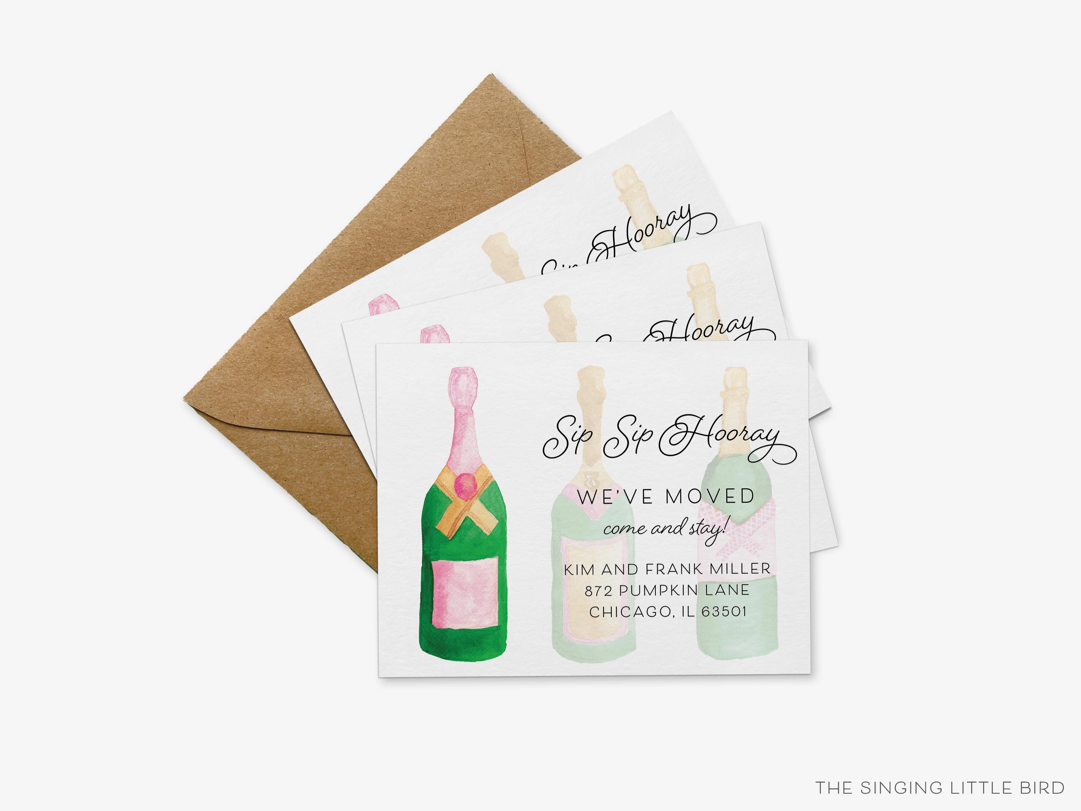 Champagne Bottle Moving Announcement-These personalized flat change of address cards are 4.25x5.5 and feature our hand-painted watercolor Champagne bottles, printed in the USA on 120lb textured stock. They come with your choice of envelopes and make great moving announcements for the sip sip hooray lover.-The Singing Little Bird