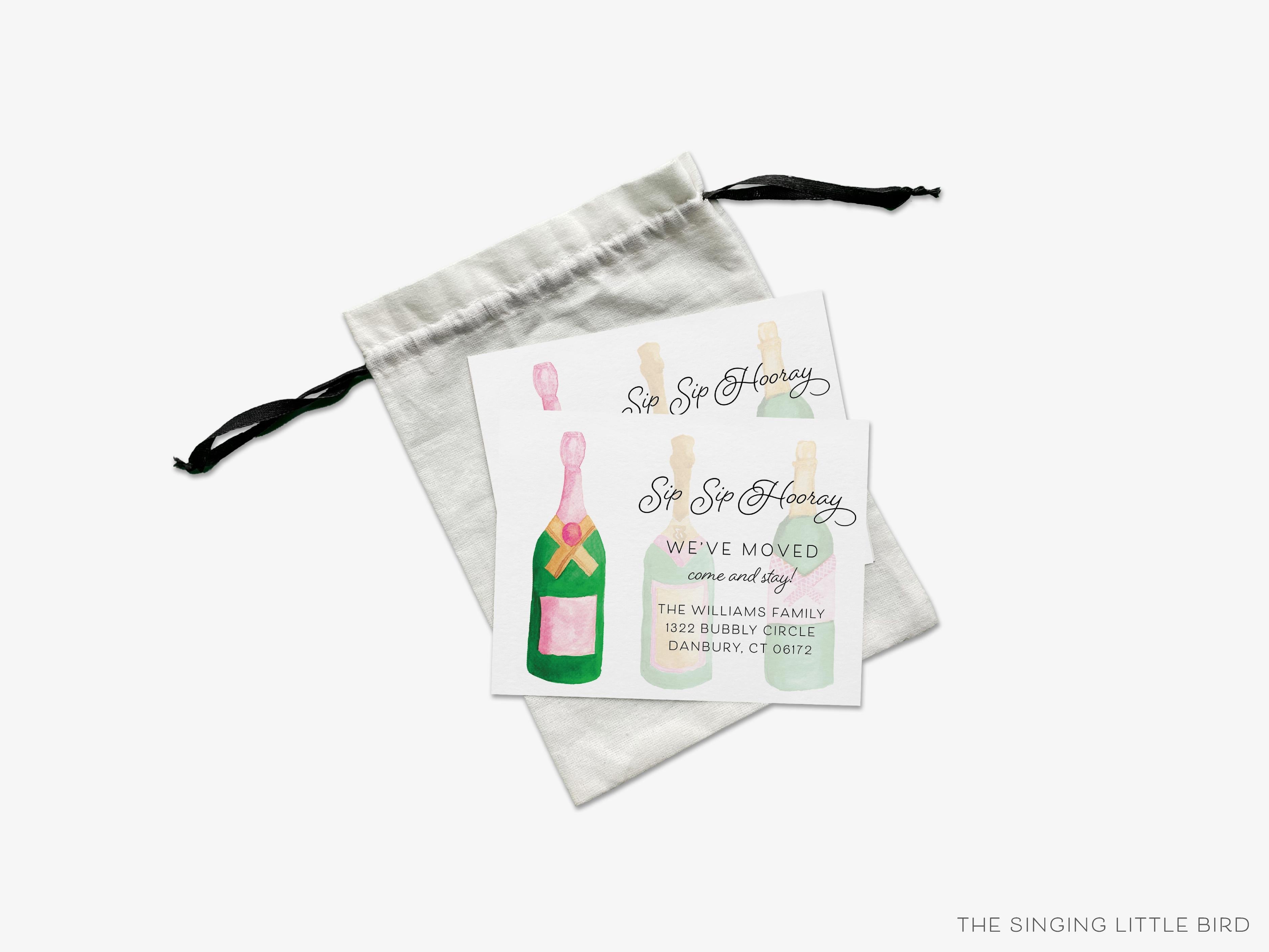 Champagne Bottle Moving Announcement-These personalized flat change of address cards are 4.25x5.5 and feature our hand-painted watercolor Champagne bottles, printed in the USA on 120lb textured stock. They come with your choice of envelopes and make great moving announcements for the sip sip hooray lover.-The Singing Little Bird