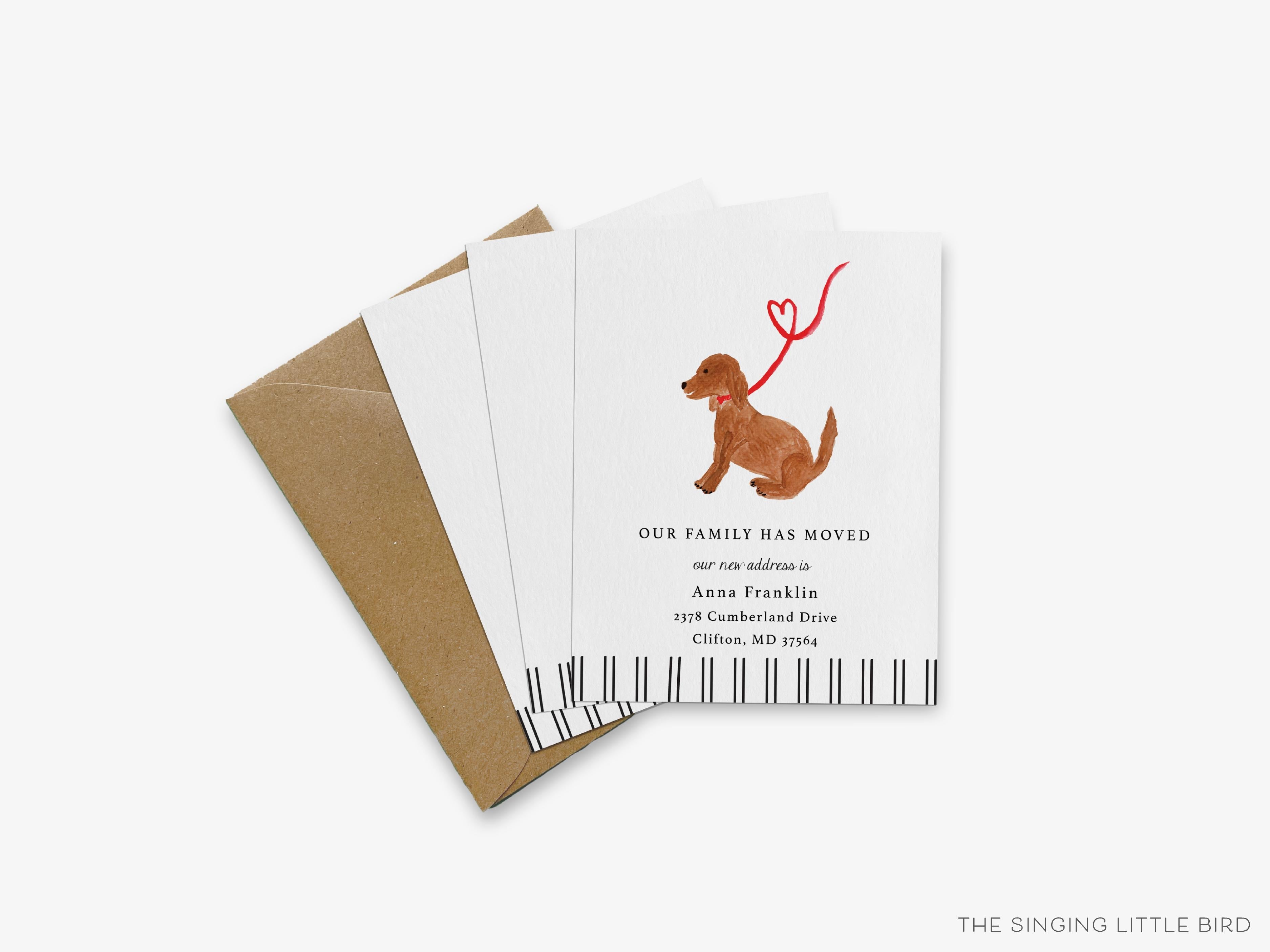 Dog Lover Moving Announcement-These personalized flat change of address cards are 4.25x5.5 and feature our hand-painted watercolor dog, printed in the USA on 120lb textured stock. They come with your choice of envelopes and make great moving announcements for the animal lover.-The Singing Little Bird