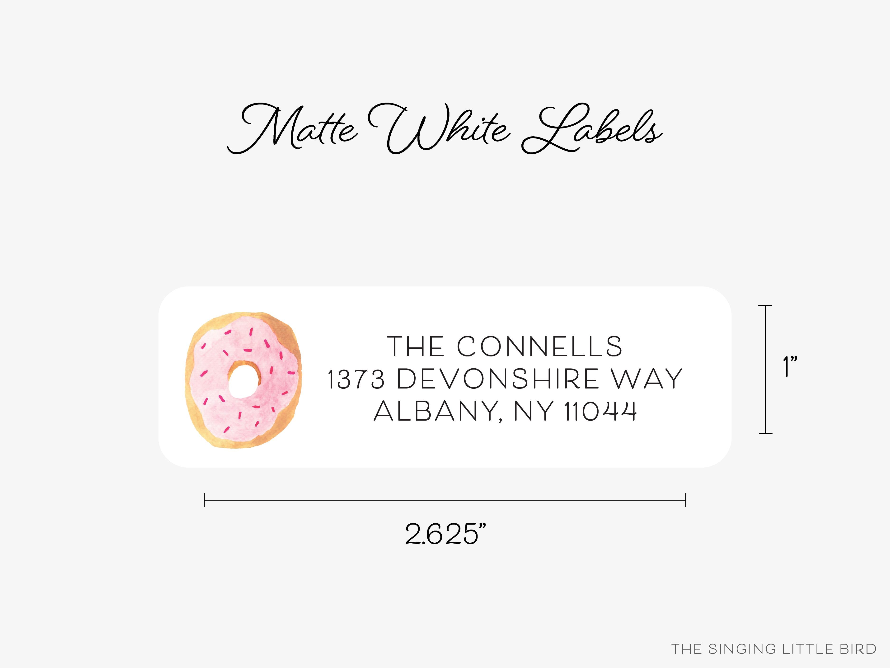 Donut Return Address Labels- These personalized return address labels are 2.625" x 1" and feature our hand-painted watercolor donut, printed in the USA on beautiful matte finish labels. These make great gifts for yourself or the sweet tooth lover. -The Singing Little Bird