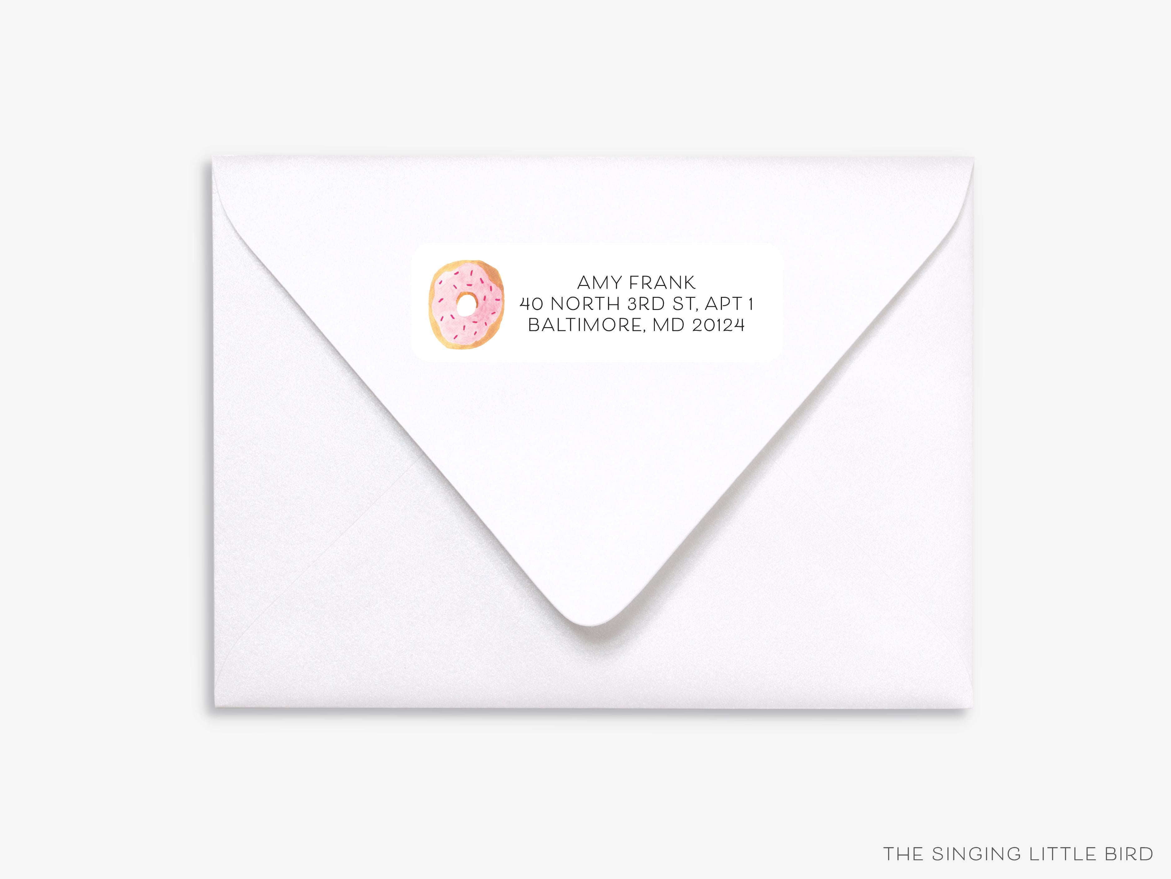 Donut Return Address Labels- These personalized return address labels are 2.625" x 1" and feature our hand-painted watercolor donut, printed in the USA on beautiful matte finish labels. These make great gifts for yourself or the sweet tooth lover. -The Singing Little Bird