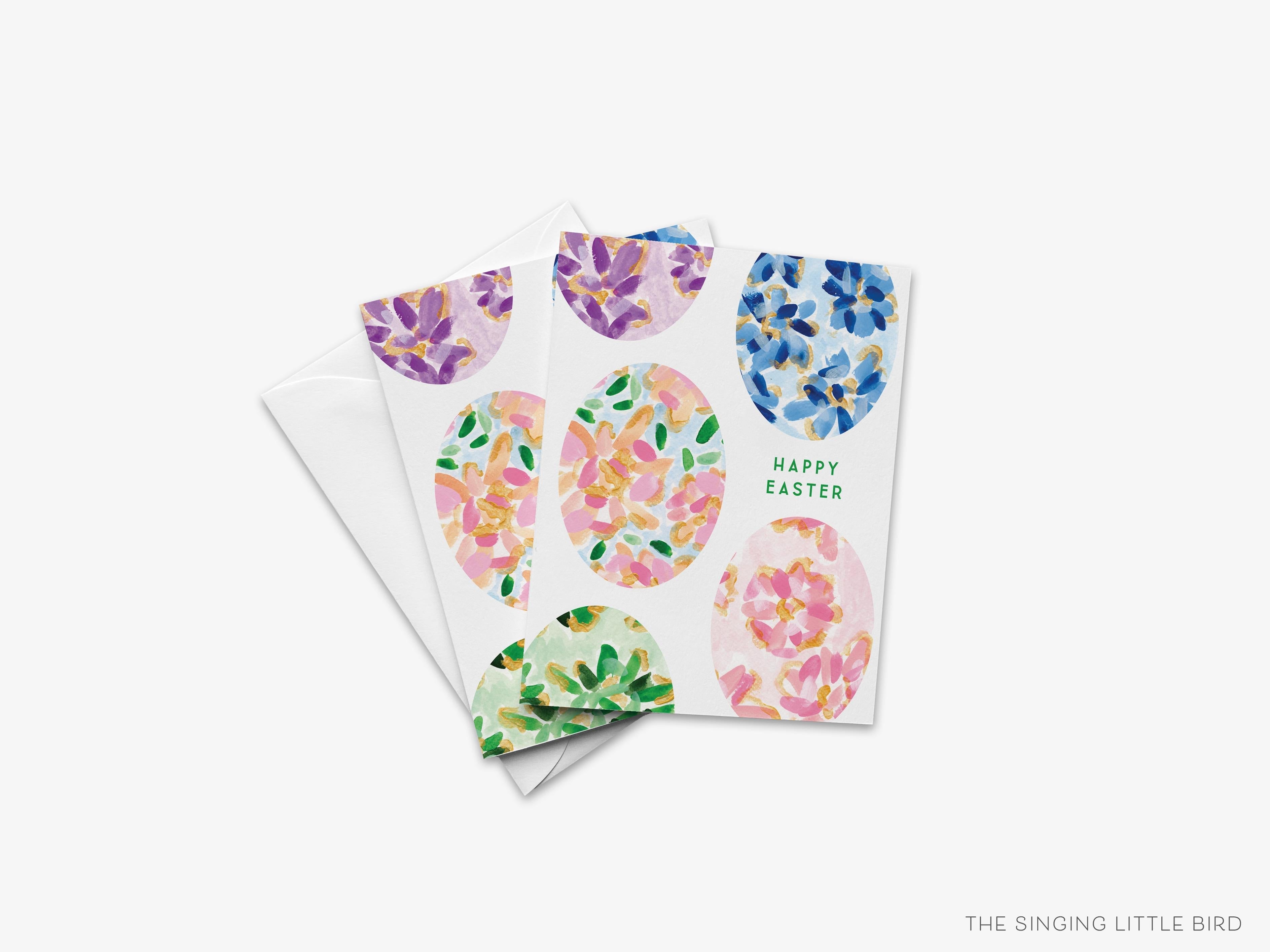 Easter Eggs Greeting Card-These folded spring cards are 4.25x5.5 and feature our hand-painted watercolor Easter eggs, printed in the USA on 100lb textured stock. They come with a White envelope and make a thoughtful Easter card for a family member or friend.-The Singing Little Bird