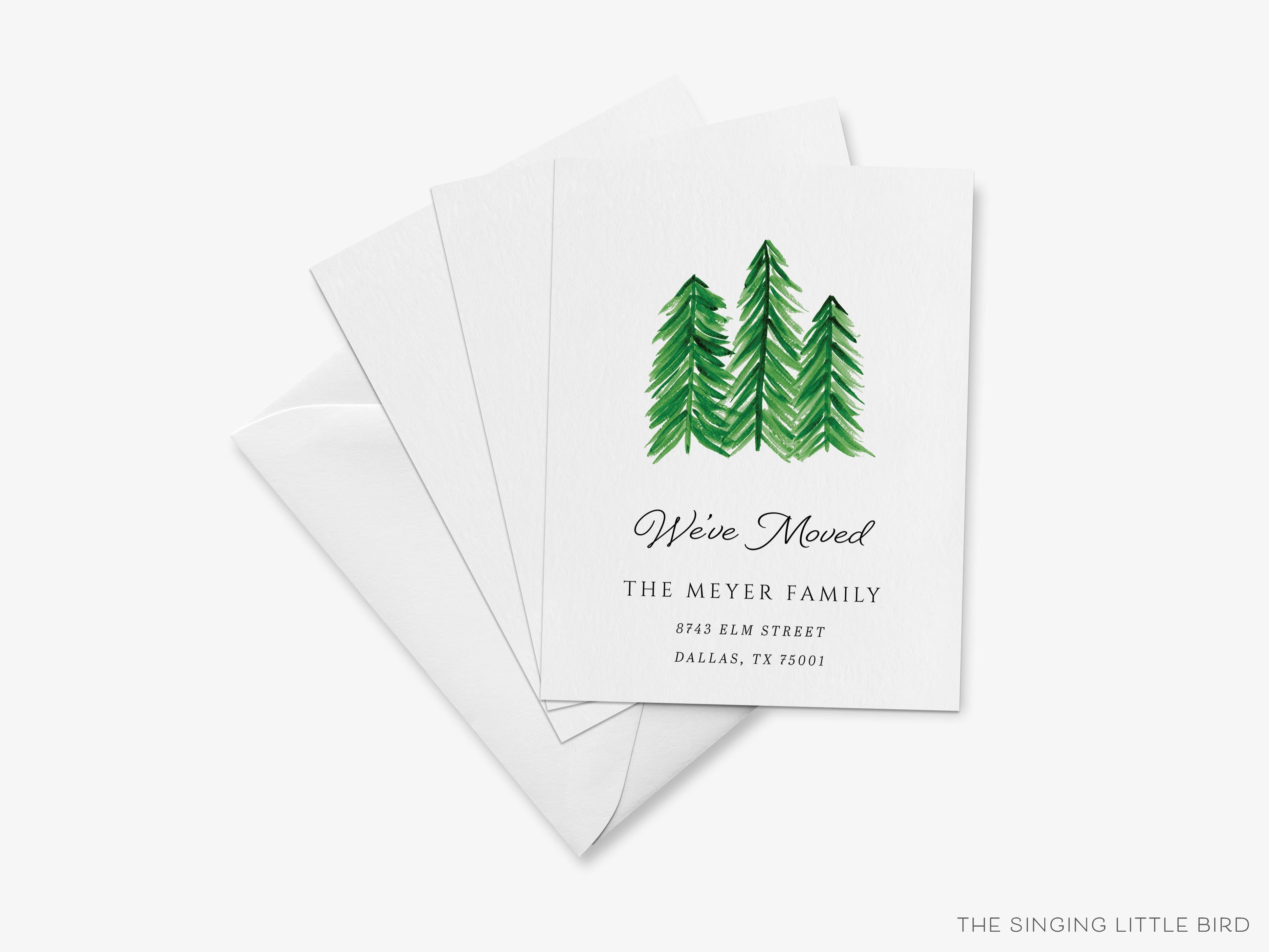 Evergreen Trees Moving Announcement-These personalized flat change of address cards are 4.25x5.5 and feature our hand-painted watercolor evergreen trees, printed in the USA on 120lb textured stock. They come with your choice of envelopes and make great moving announcements for the nature lover.-The Singing Little Bird