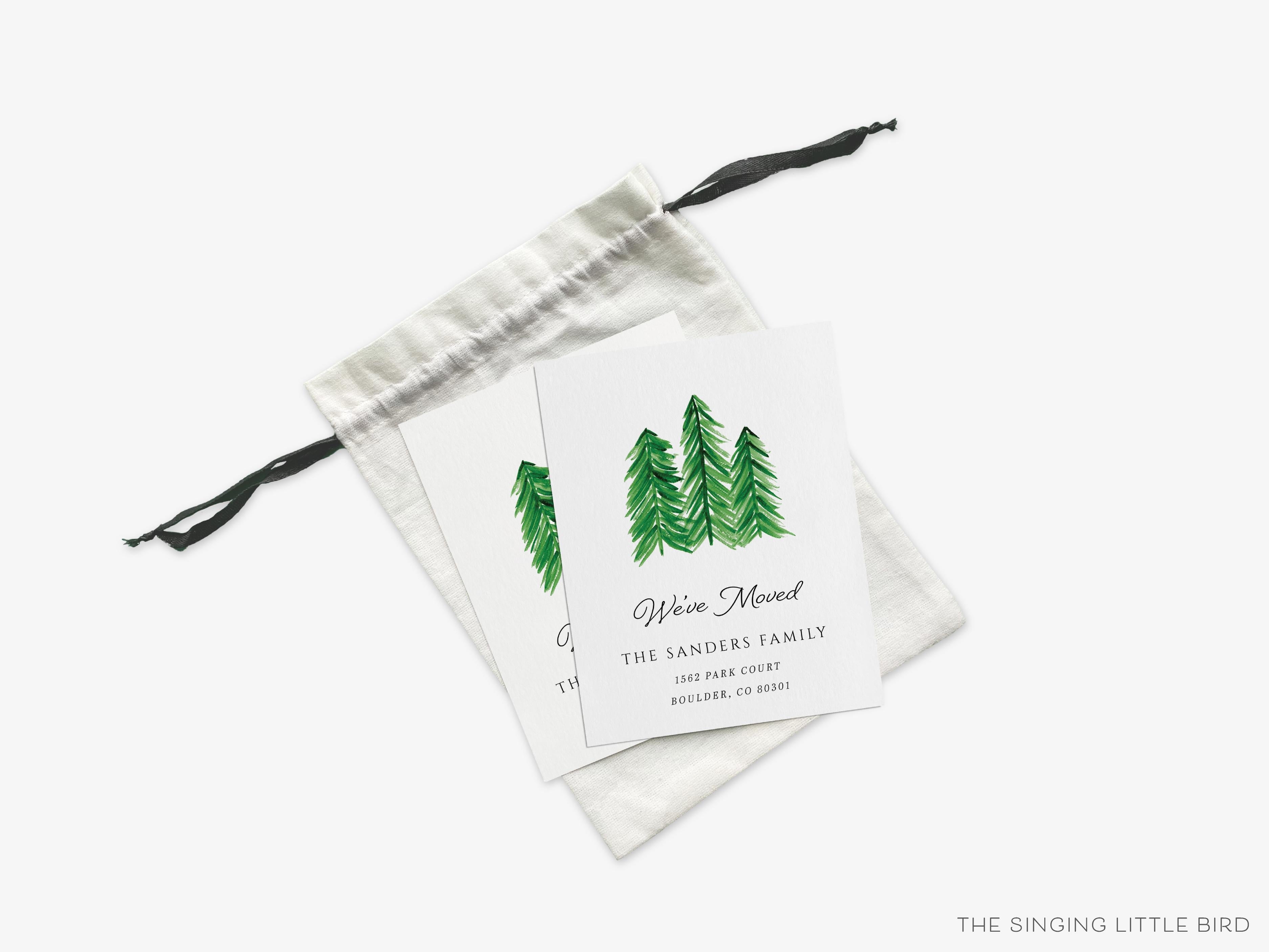 Evergreen Trees Moving Announcement-These personalized flat change of address cards are 4.25x5.5 and feature our hand-painted watercolor evergreen trees, printed in the USA on 120lb textured stock. They come with your choice of envelopes and make great moving announcements for the nature lover.-The Singing Little Bird