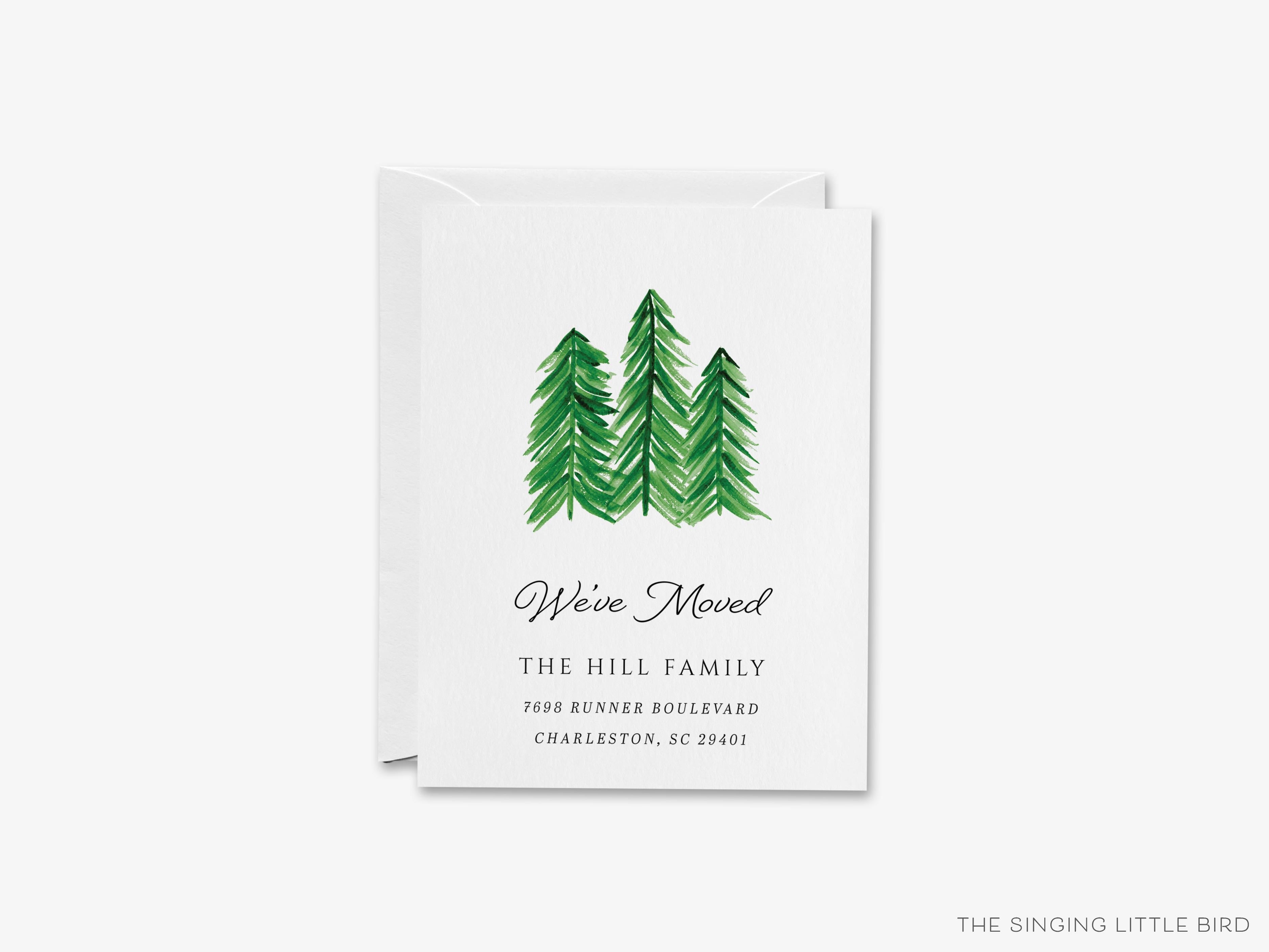 Evergreen Trees Moving Announcement-These personalized flat change of address cards are 4.25x5.5 and feature our hand-painted watercolor evergreen trees, printed in the USA on 120lb textured stock. They come with your choice of envelopes and make great moving announcements for the nature lover.-The Singing Little Bird