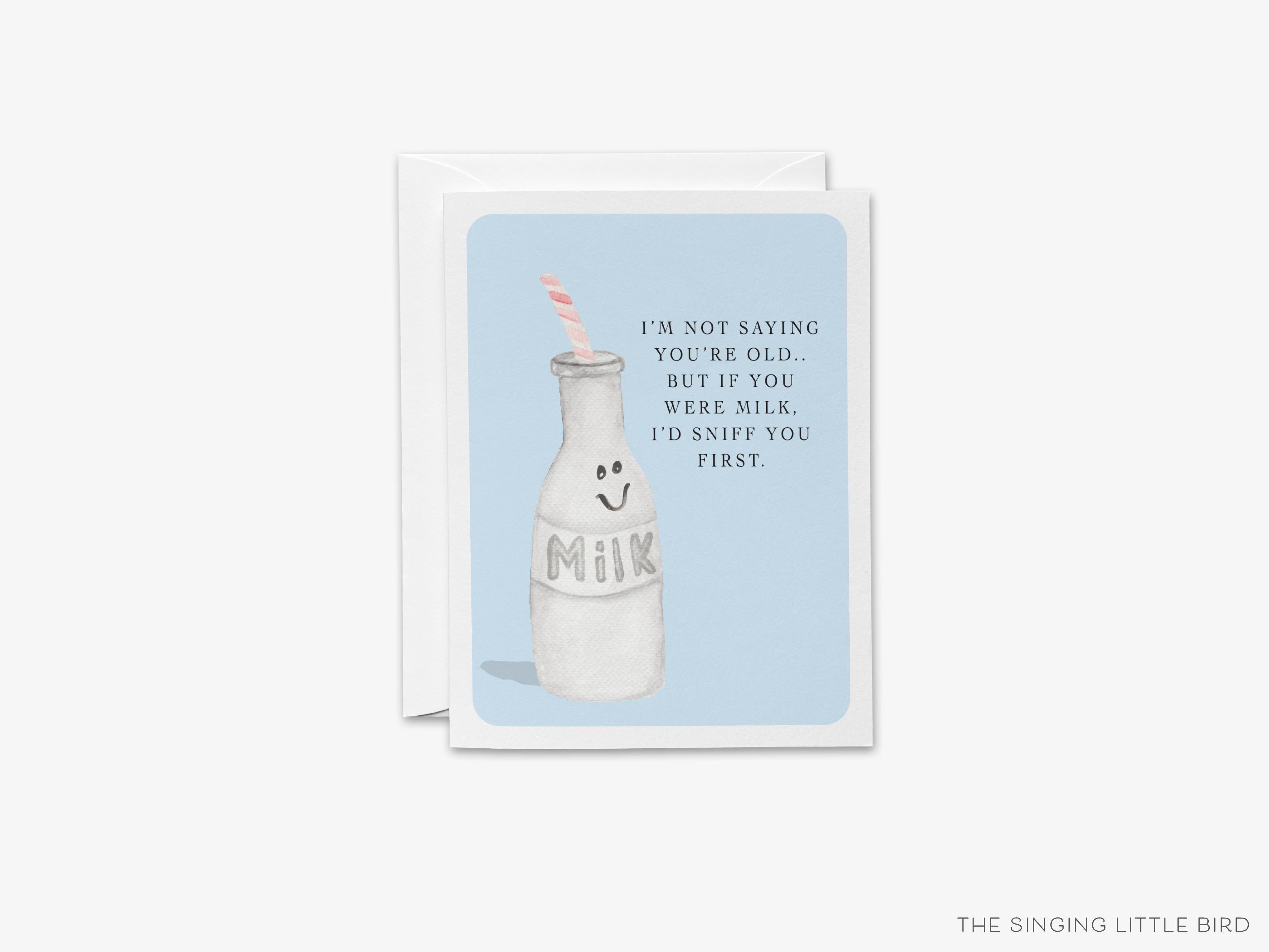 Funny Milk Birthday Card-These folded birthday cards are 4.25x5.5 and feature our hand-painted bottle of milk, printed in the USA on 100lb textured stock. They come with a White envelope and make a great birthday card for a funny birthday.-The Singing Little Bird
