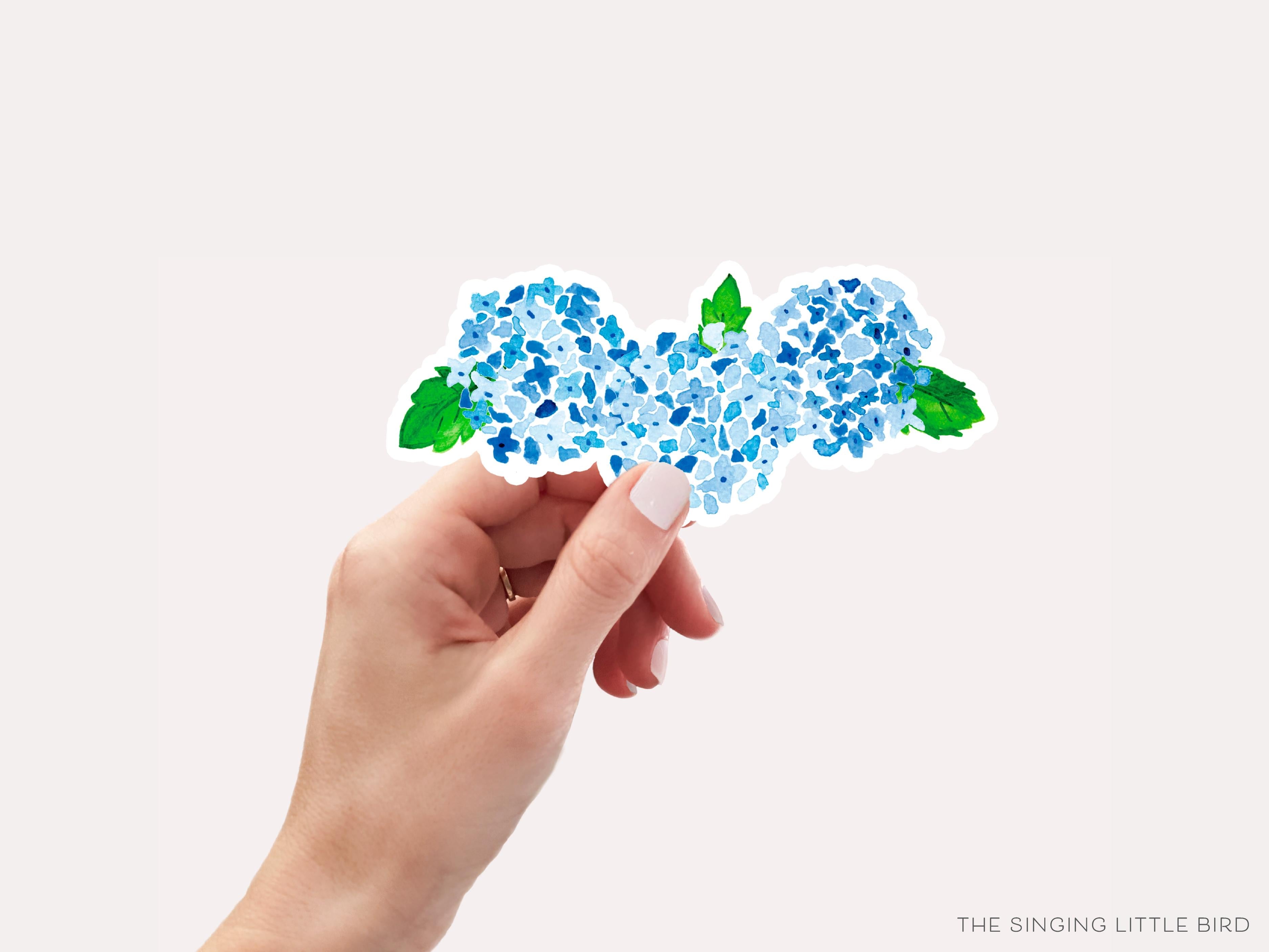 Hydrangea Bunch Vinyl Sticker-These weatherproof die cut stickers feature our hand-painted watercolor hydrangea, making great laptop or water bottle stickers or gifts for the gardner in your life.-The Singing Little Bird