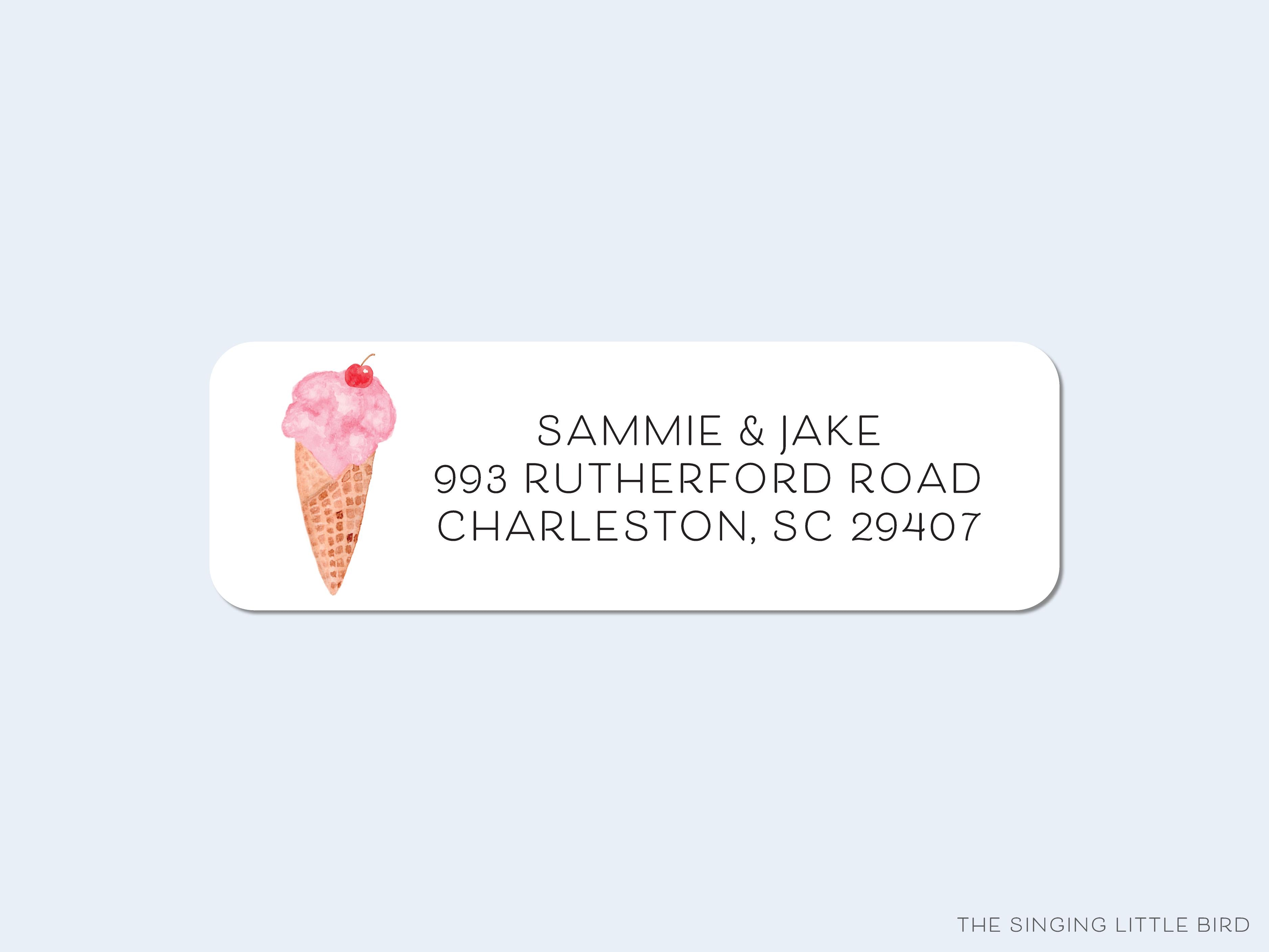 Ice Cream Cone Return Address Labels- These personalized return address labels are 2.625" x 1" and feature our hand-painted watercolor ice cream cone, printed in the USA on beautiful matte finish labels. These make great gifts for yourself or the sweet tooth lover. -The Singing Little Bird