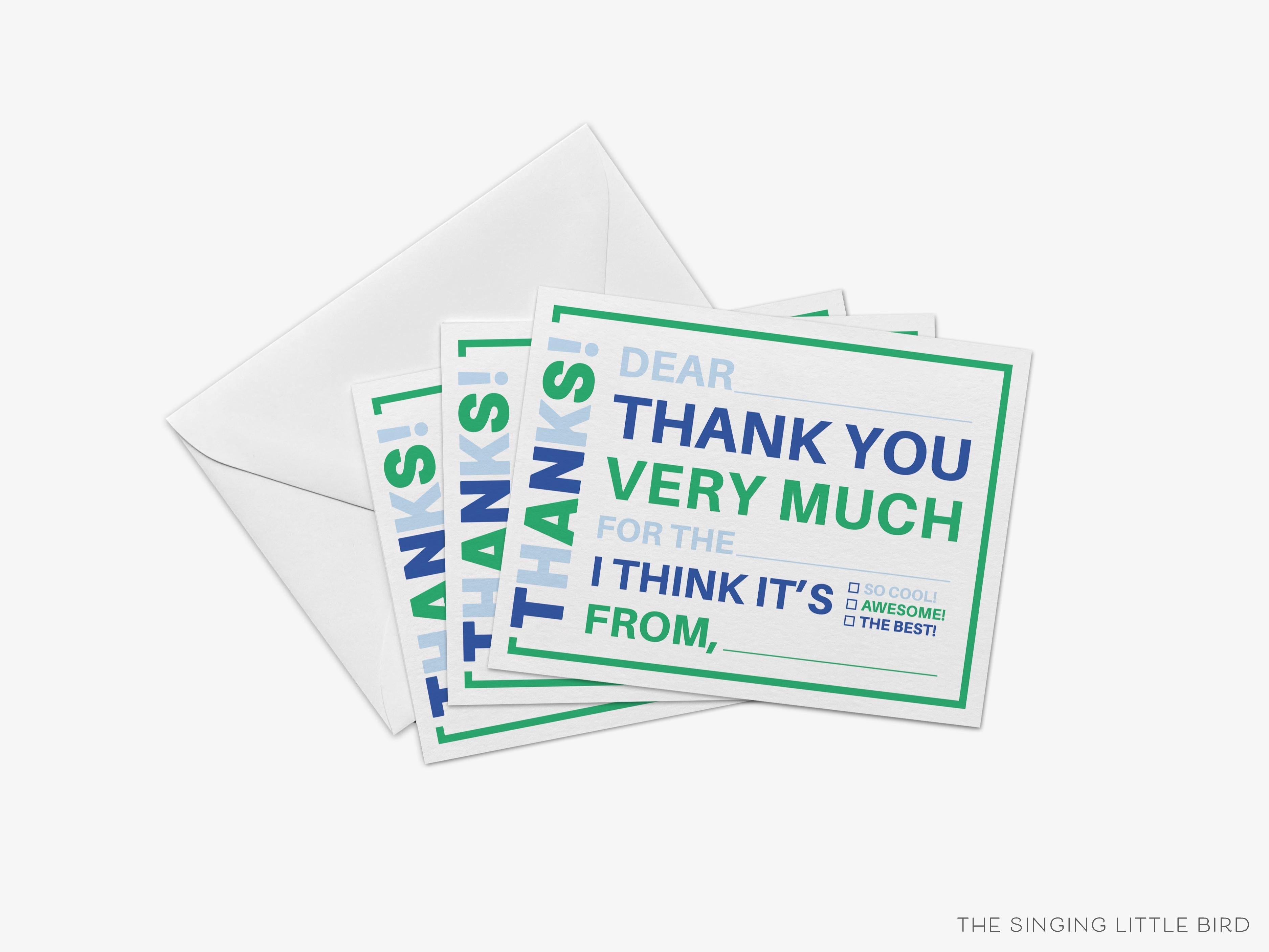 Kids Fill In The Blank Thank You Flat Notes-These personalized flat notecards are 4.25x5.5 and feature our kids fill in the blank thank you, printed in the USA on 120lb textured stock. They come with your choice of envelopes and make great thank yous and gifts for the kids in your life.-The Singing Little Bird