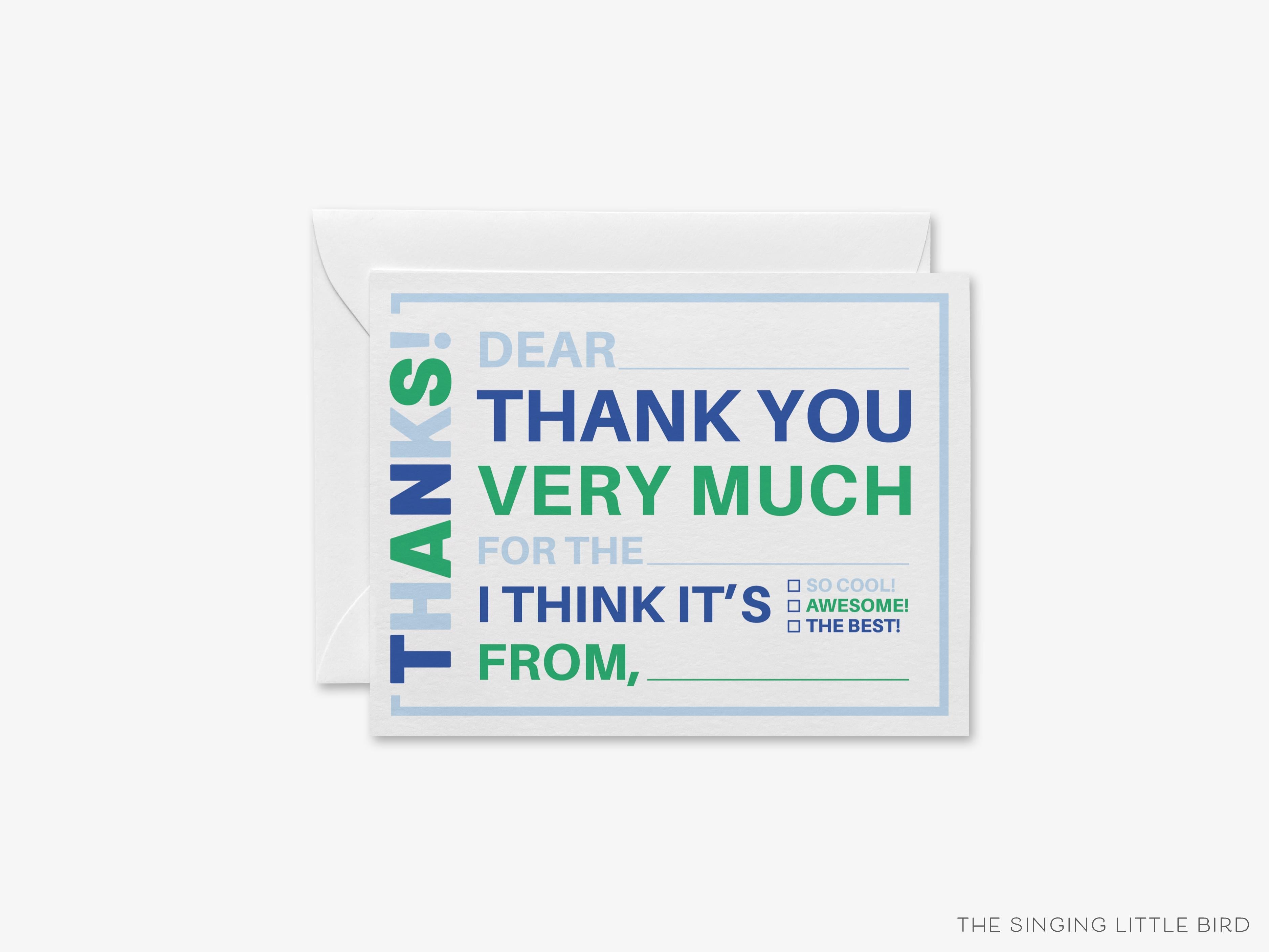 Kids Fill In The Blank Thank You Flat Notes-These personalized flat notecards are 4.25x5.5 and feature our kids fill in the blank thank you, printed in the USA on 120lb textured stock. They come with your choice of envelopes and make great thank yous and gifts for the kids in your life.-The Singing Little Bird