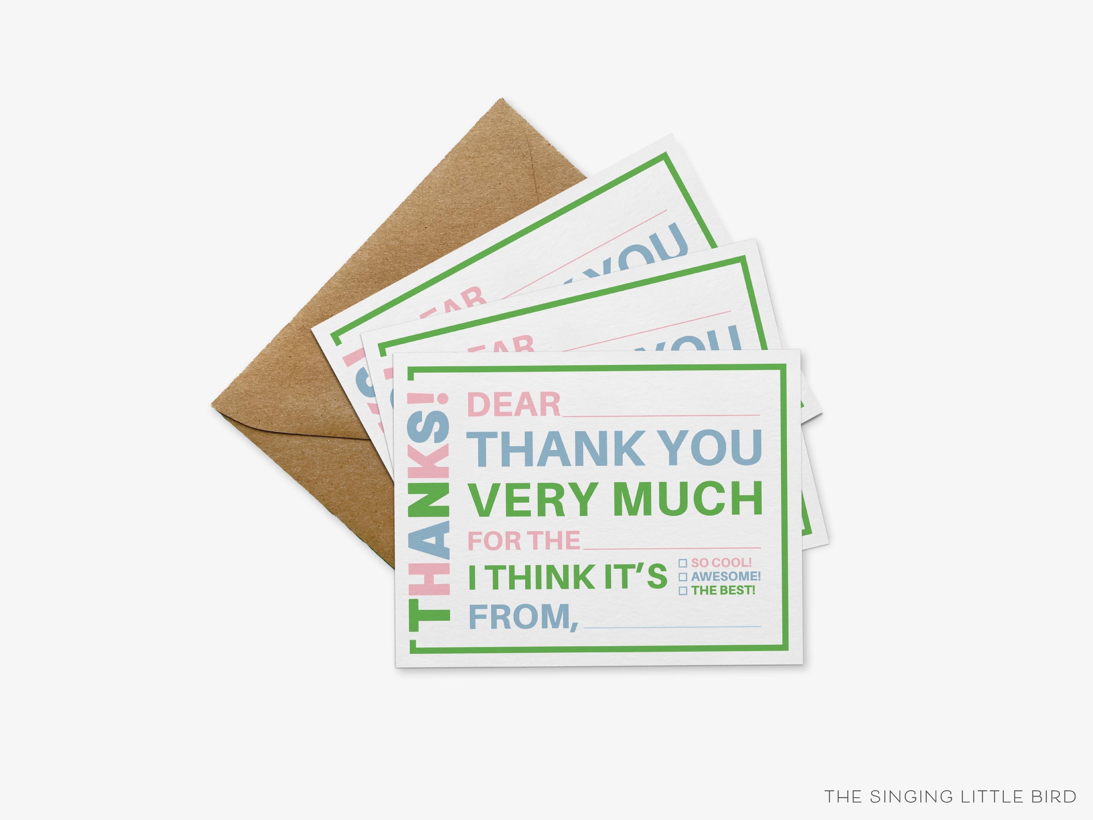 Kids Pink Fill In The Blank Thank You Flat Notes-These personalized flat notecards are 4.25x5.5 and feature our kids pink fill in the blank thank you, printed in the USA on 120lb textured stock. They come with your choice of envelopes and make great thank yous and gifts for the kids in your life.-The Singing Little Bird