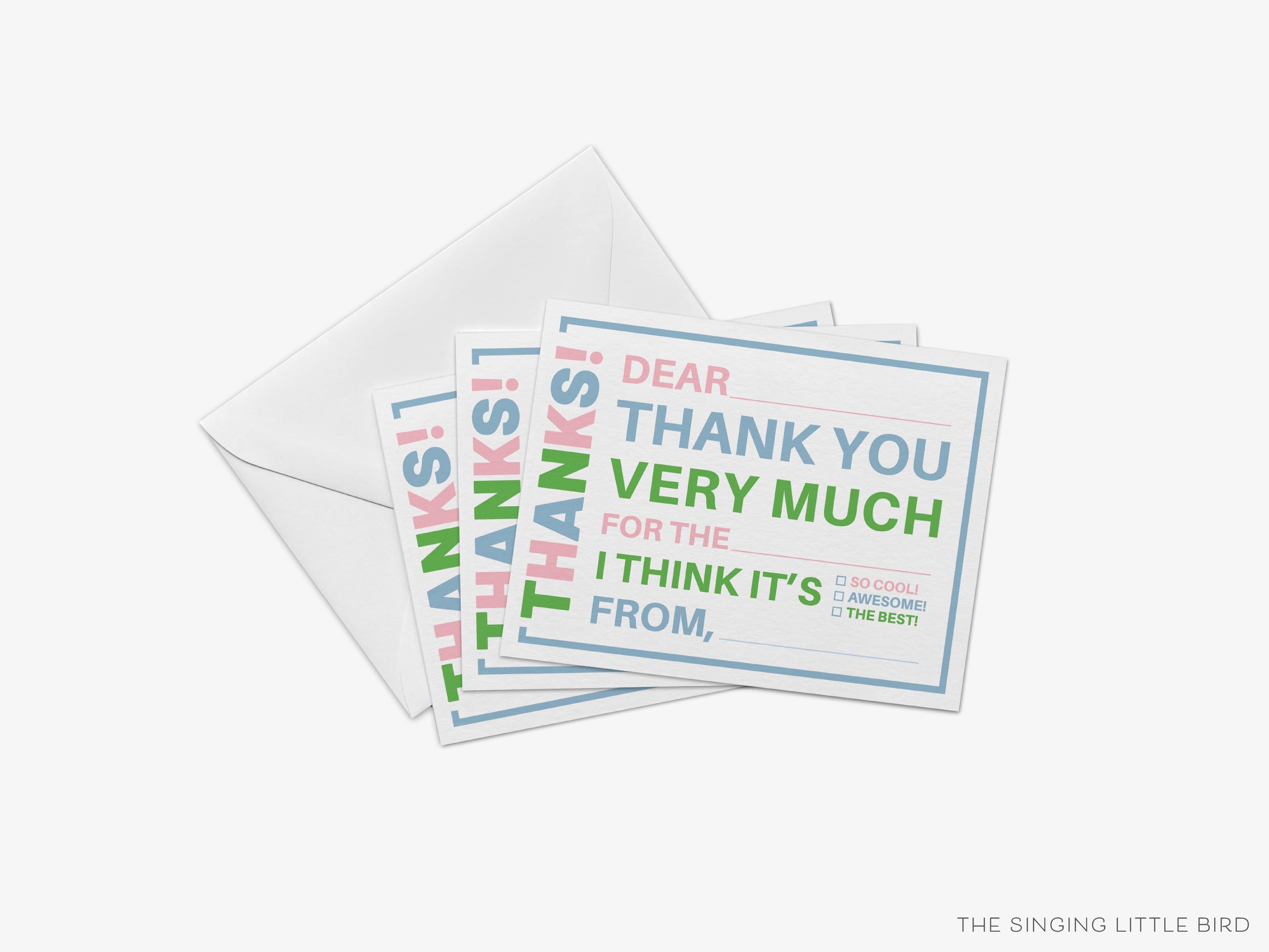 Kids Pink Fill In The Blank Thank You Flat Notes-These personalized flat notecards are 4.25x5.5 and feature our kids pink fill in the blank thank you, printed in the USA on 120lb textured stock. They come with your choice of envelopes and make great thank yous and gifts for the kids in your life.-The Singing Little Bird