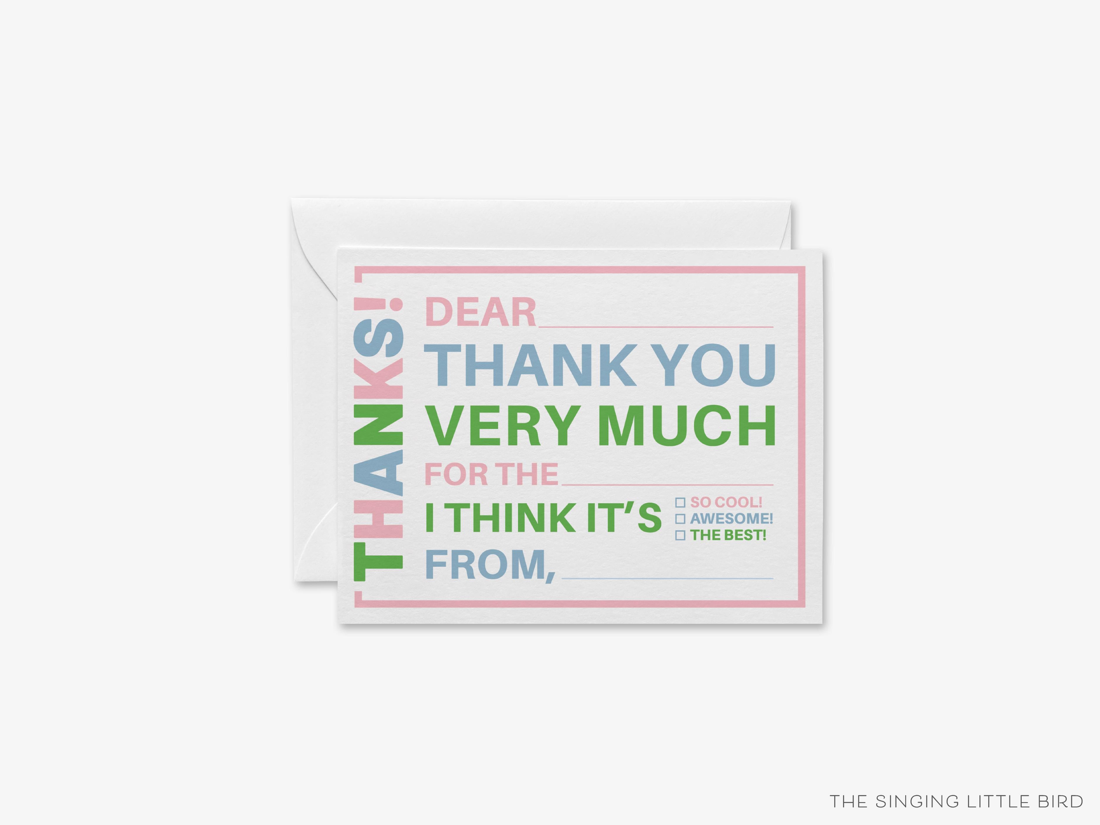 Kids Pink Fill In The Blank Thank You Flat Notes-These personalized flat notecards are 4.25x5.5 and feature our kids pink fill in the blank thank you, printed in the USA on 120lb textured stock. They come with your choice of envelopes and make great thank yous and gifts for the kids in your life.-The Singing Little Bird