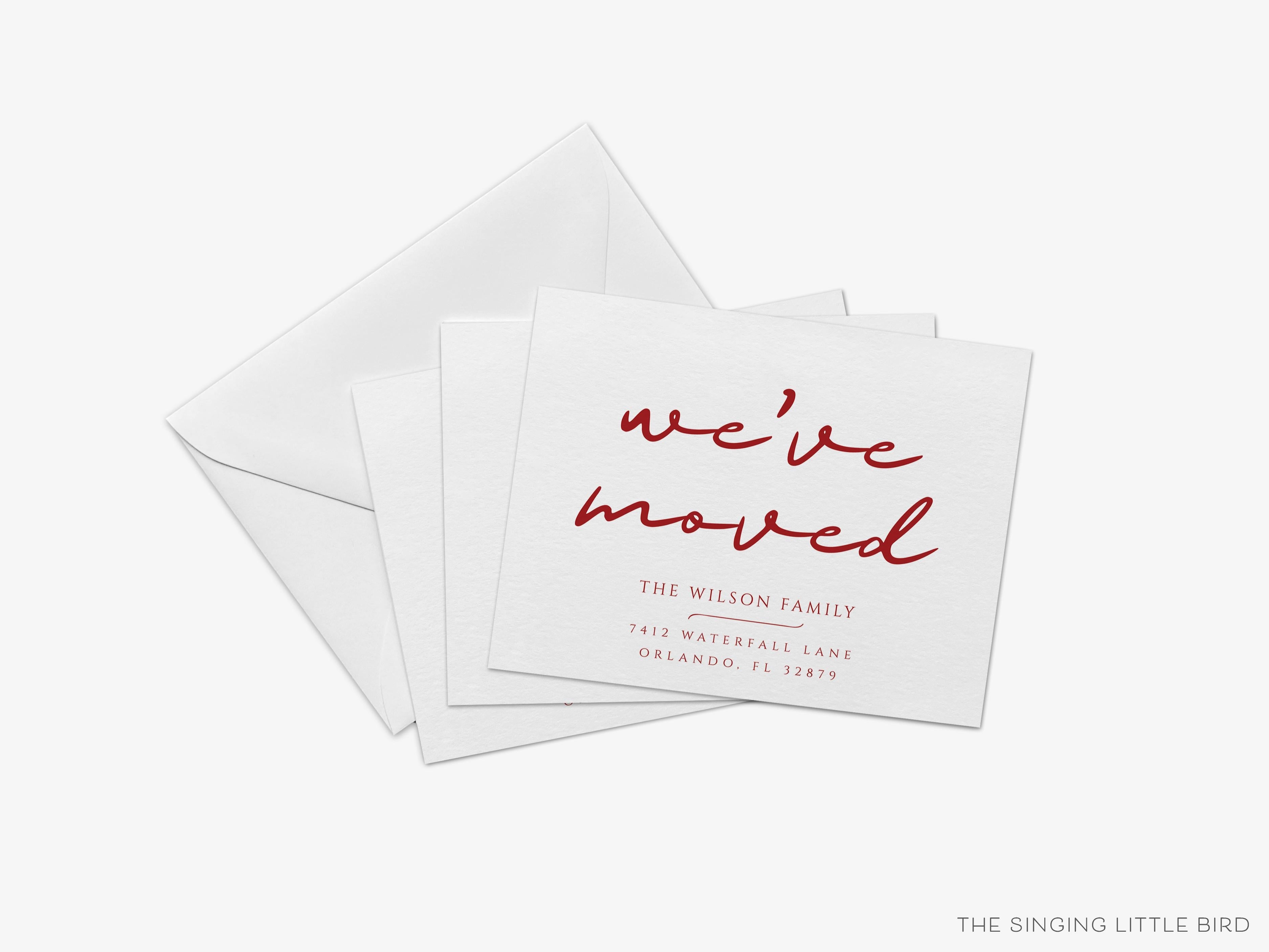 Modern Script Moving Announcement-These personalized flat change of address cards are 4.25x5.5 and feature our modern script, printed in the USA on 120lb textured stock. They come with your choice of envelopes and make great moving announcements for the modern lover.-The Singing Little Bird