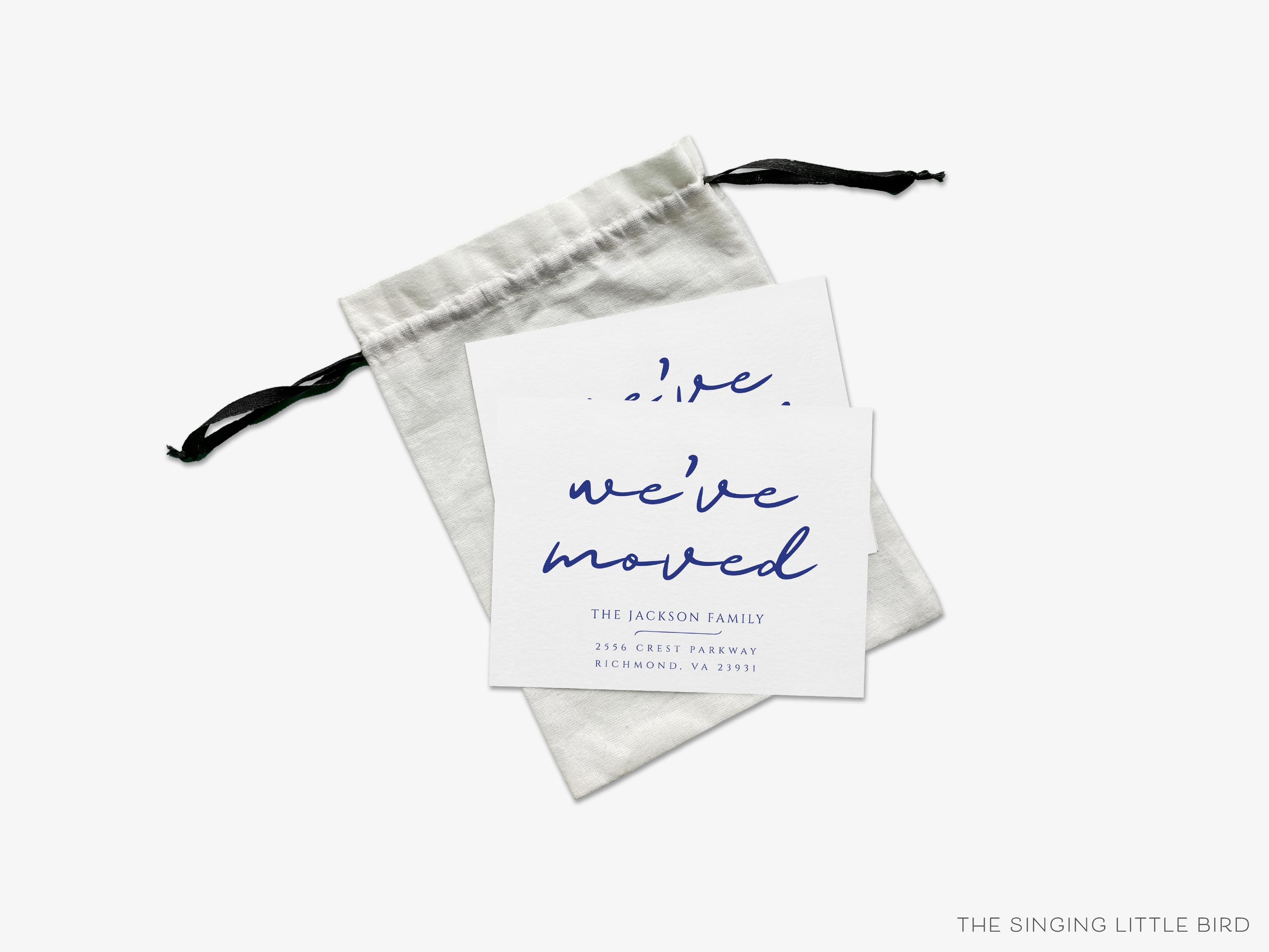 Modern Script Moving Announcement-These personalized flat change of address cards are 4.25x5.5 and feature our modern script, printed in the USA on 120lb textured stock. They come with your choice of envelopes and make great moving announcements for the modern lover.-The Singing Little Bird