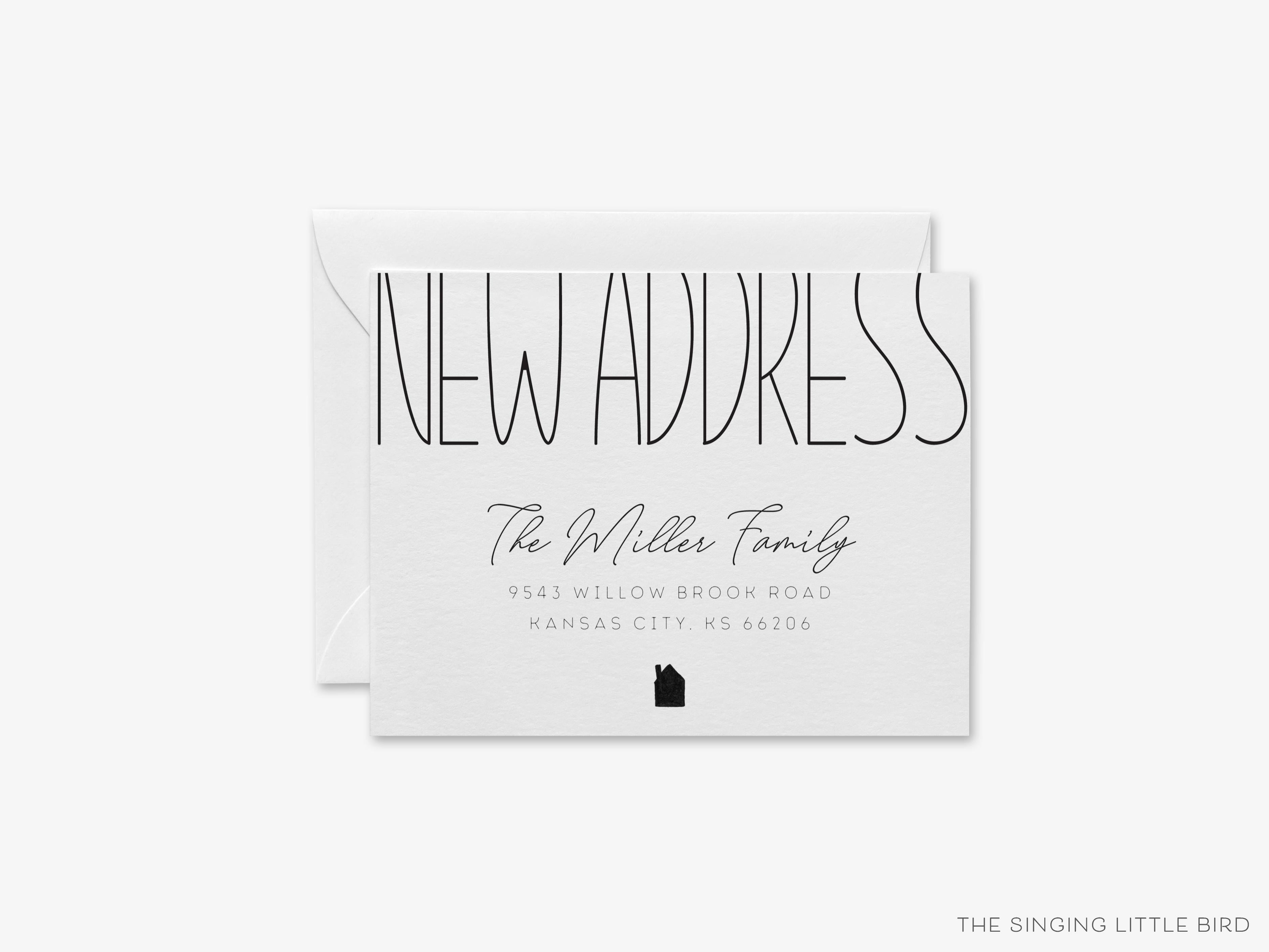 Modern Top Text Cut Off Moving Announcement-These personalized flat change of address cards are 4.25x5.5 and feature our hand-painted watercolor house, printed in the USA on 120lb textured stock. They come with your choice of envelopes and make great moving announcements for the modern lover.-The Singing Little Bird