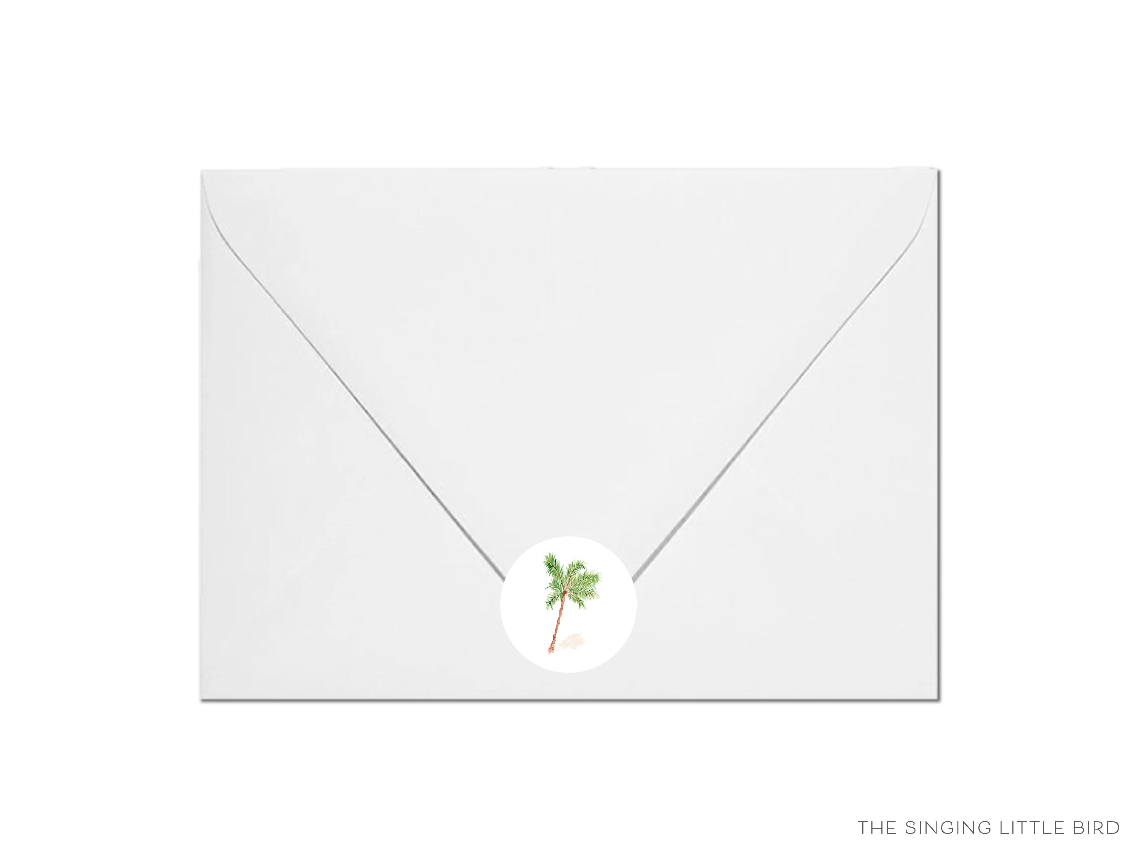 Palm Tree Round Stickers-These matte round stickers feature our hand-painted watercolor palm tree, making great envelope seals or gifts for the tropical lover in your life.-The Singing Little Bird