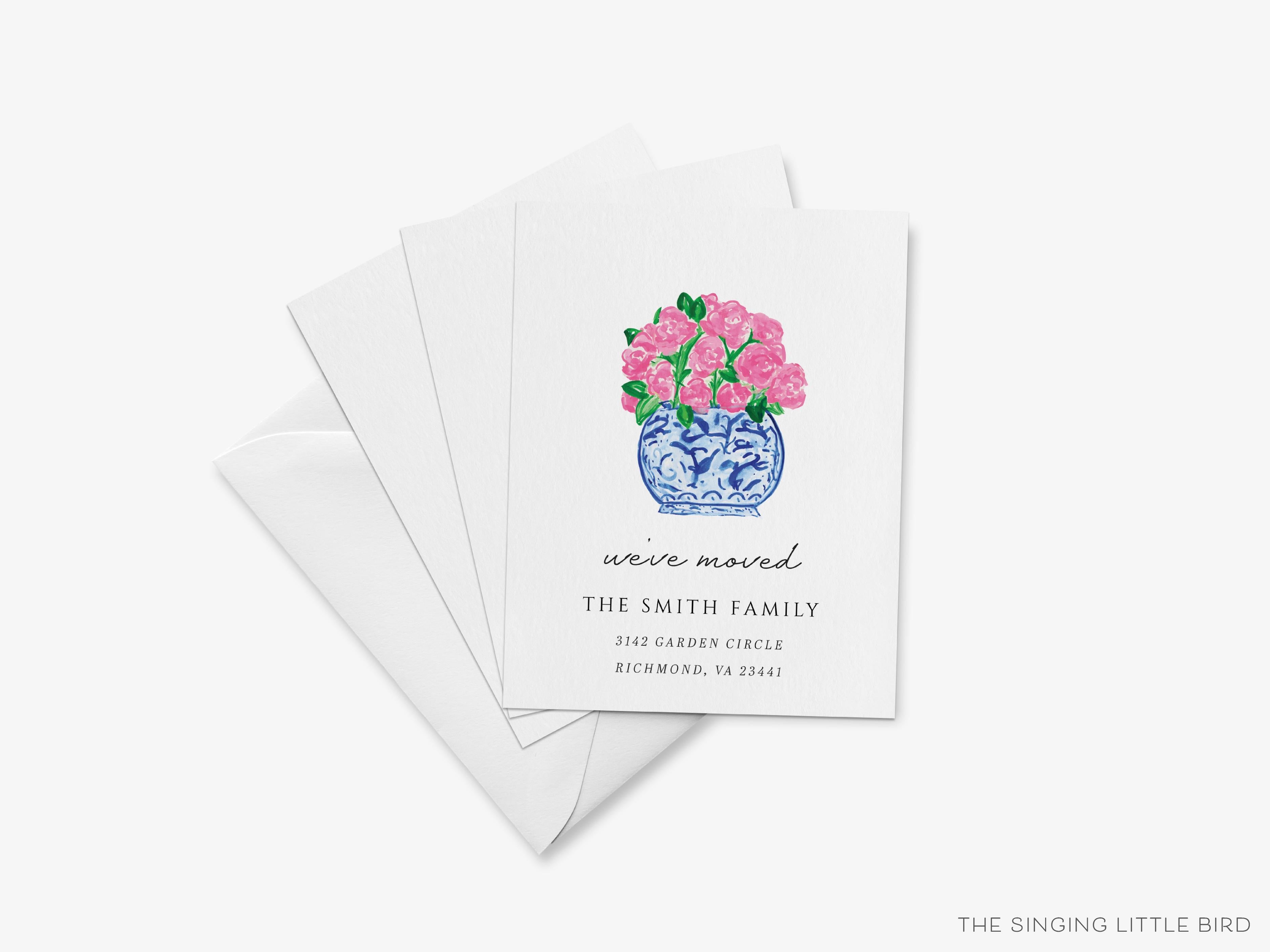 Peonies in Ginger Jar Moving Announcement-These personalized flat change of address cards are 4.25x5.5 and feature our hand-painted watercolor Ginger Jar with Peonies, printed in the USA on 120lb textured stock. They come with your choice of envelopes and make great moving announcements for the pink floral lover.-The Singing Little Bird