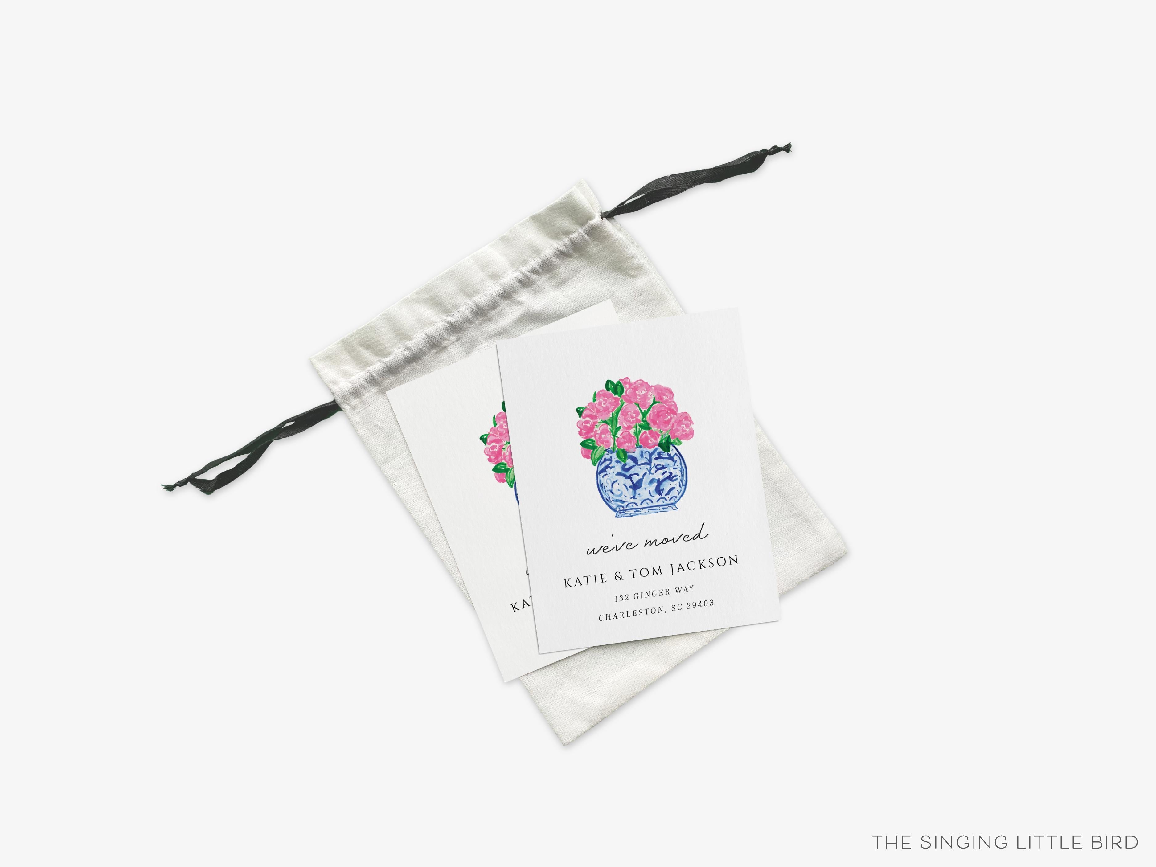 Peonies in Ginger Jar Moving Announcement-These personalized flat change of address cards are 4.25x5.5 and feature our hand-painted watercolor Ginger Jar with Peonies, printed in the USA on 120lb textured stock. They come with your choice of envelopes and make great moving announcements for the pink floral lover.-The Singing Little Bird