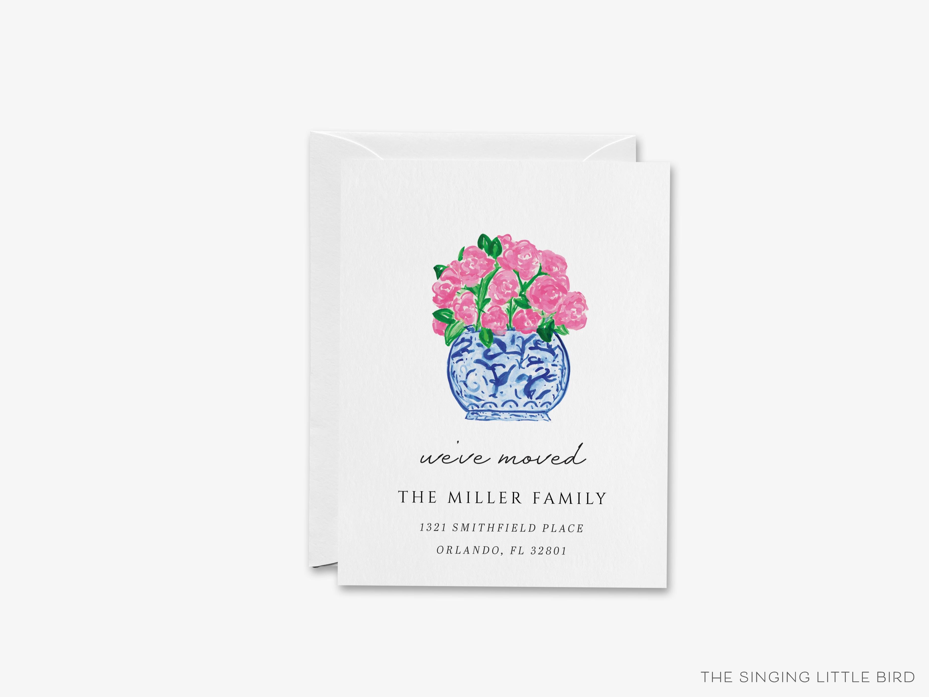Peonies in Ginger Jar Moving Announcement-These personalized flat change of address cards are 4.25x5.5 and feature our hand-painted watercolor Ginger Jar with Peonies, printed in the USA on 120lb textured stock. They come with your choice of envelopes and make great moving announcements for the pink floral lover.-The Singing Little Bird