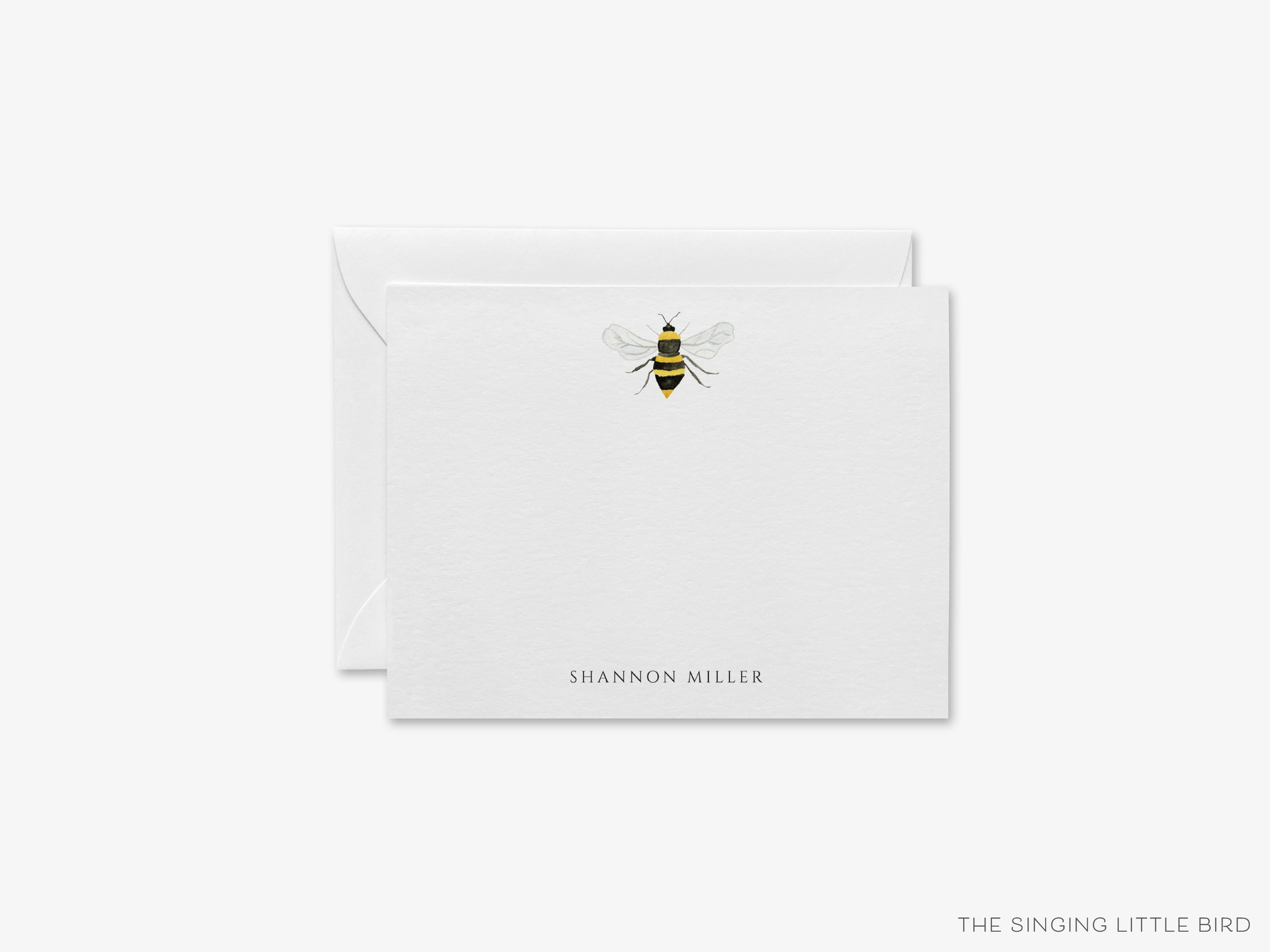 Personalized Bee Flat Notes-These personalized flat notecards are 4.25x5.5 and feature our hand-painted watercolor bee, printed in the USA on 120lb textured stock. They come with your choice of envelopes and make great thank yous and gifts for the bee lover in your life.-The Singing Little Bird