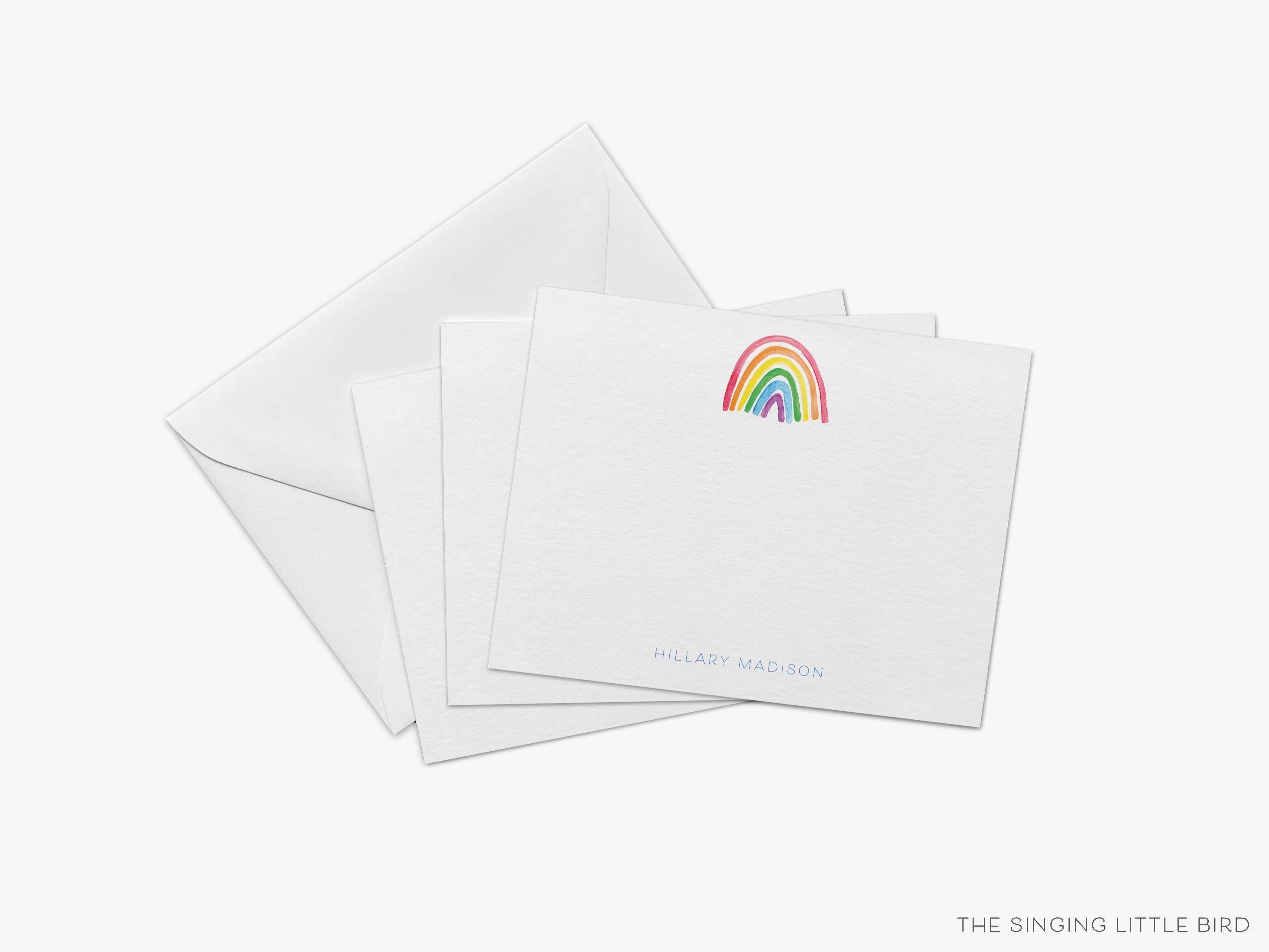 Personalized Bright Rainbow Flat Notes-These personalized flat notecards are 4.25x5.5 and feature our hand-painted watercolor rainbow, printed in the USA on 120lb textured stock. They come with your choice of envelopes and make great thank yous and gifts for the rainbow lover in your life.-The Singing Little Bird