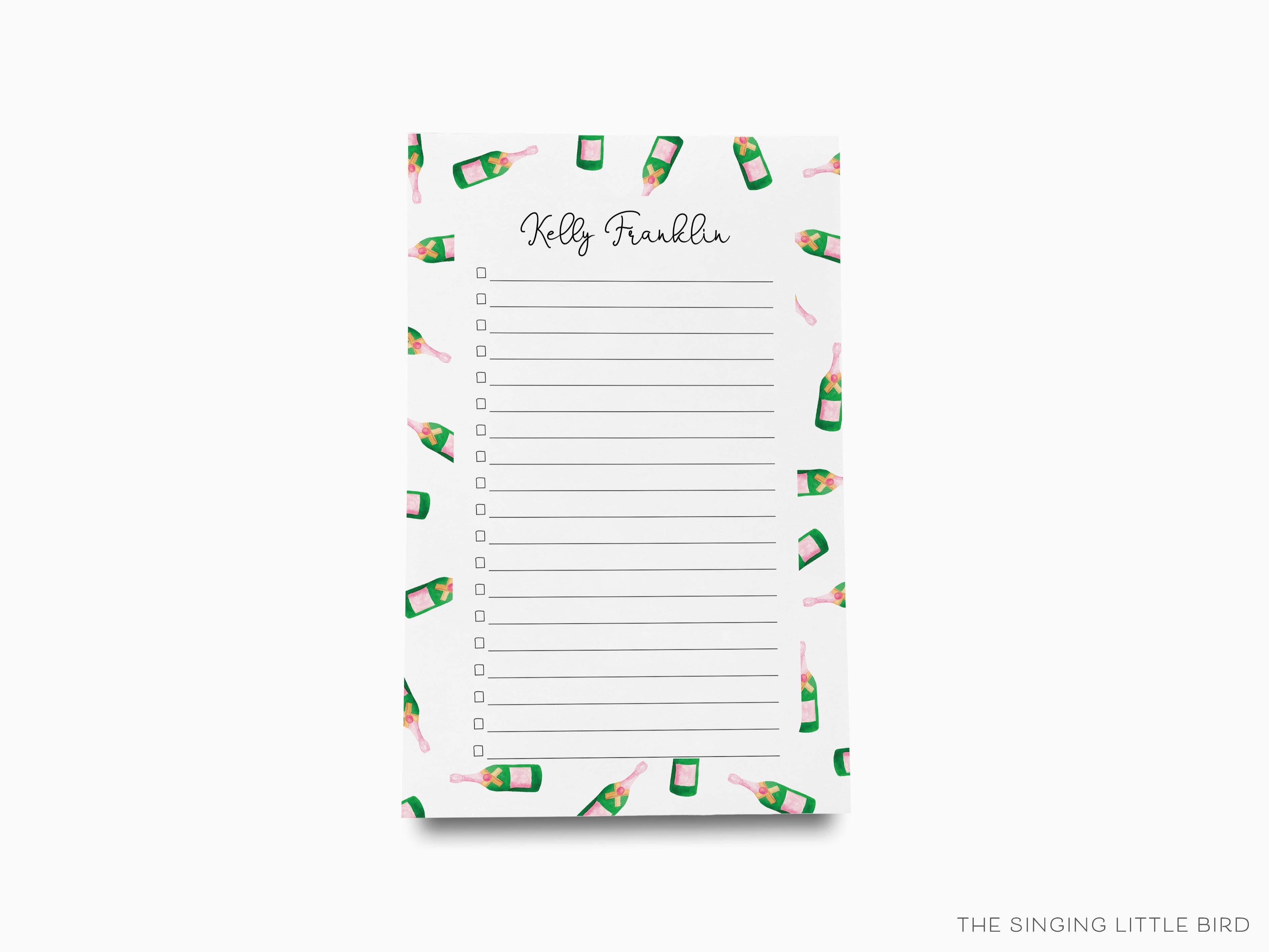 Personalized Champagne Bottle Notepad-These personalized notepads feature our hand-painted watercolor champagne bottles, printed in the USA on a beautiful smooth stock. You choose which size you want (or bundled together for a beautiful gift set) and makes a great gift for the checklist and bubbly lover in your life.-The Singing Little Bird