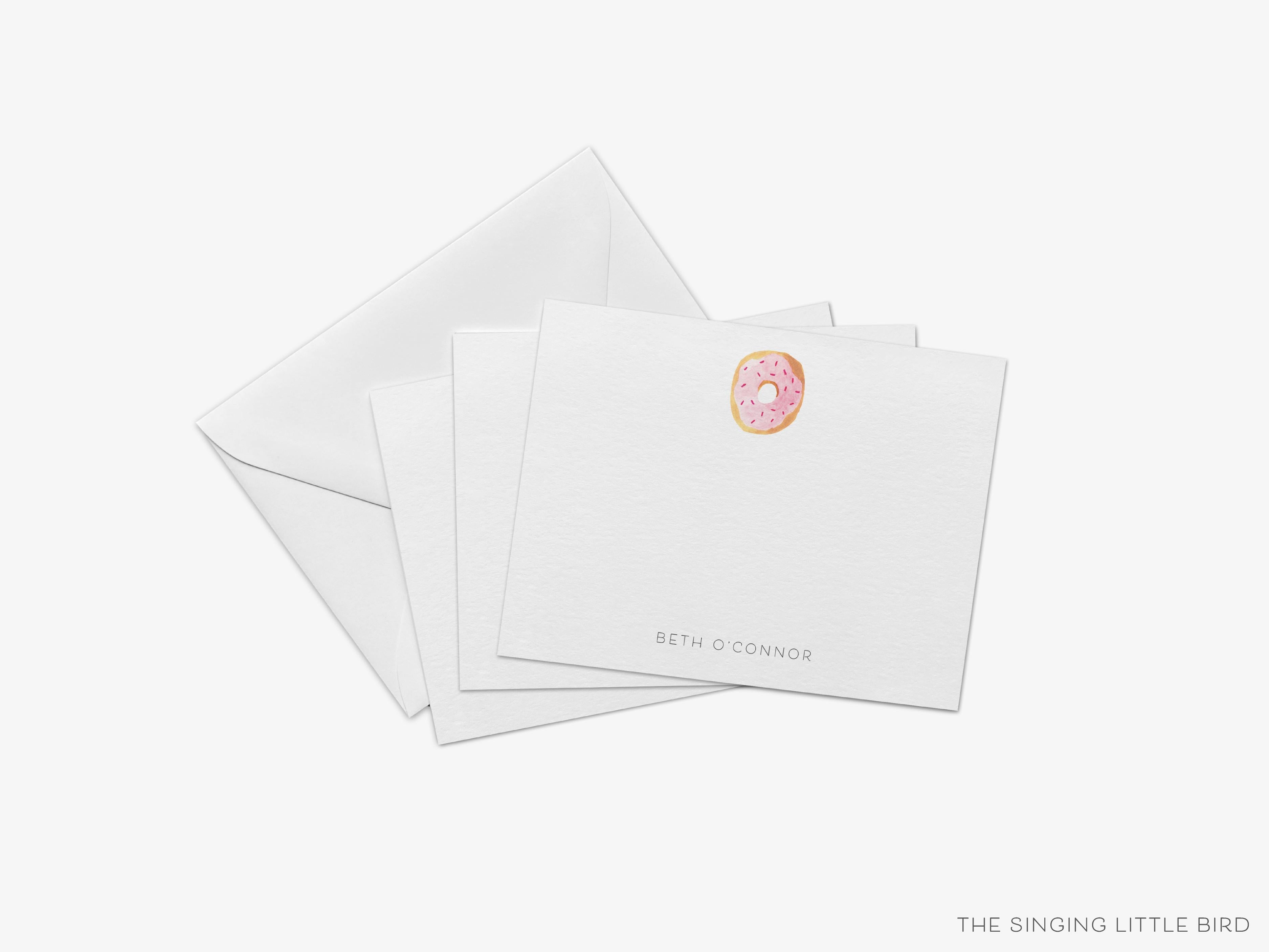 Personalized Donut Flat Notes-These personalized flat notecards are 4.25x5.5 and feature our hand-painted watercolor donut, printed in the USA on 120lb textured stock. They come with your choice of envelopes and make great thank yous and gifts for the donut lover in your life.-The Singing Little Bird